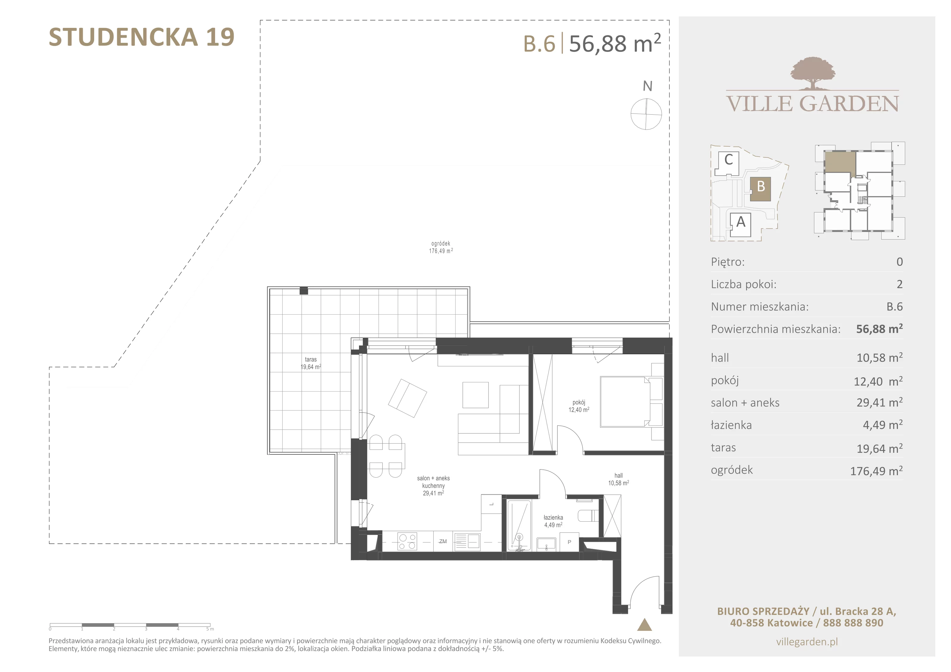 2 pokoje, apartament 56,88 m², parter, oferta nr B6, Ville Garden, Katowice, Ligota-Panewniki, ul. Studencka 19