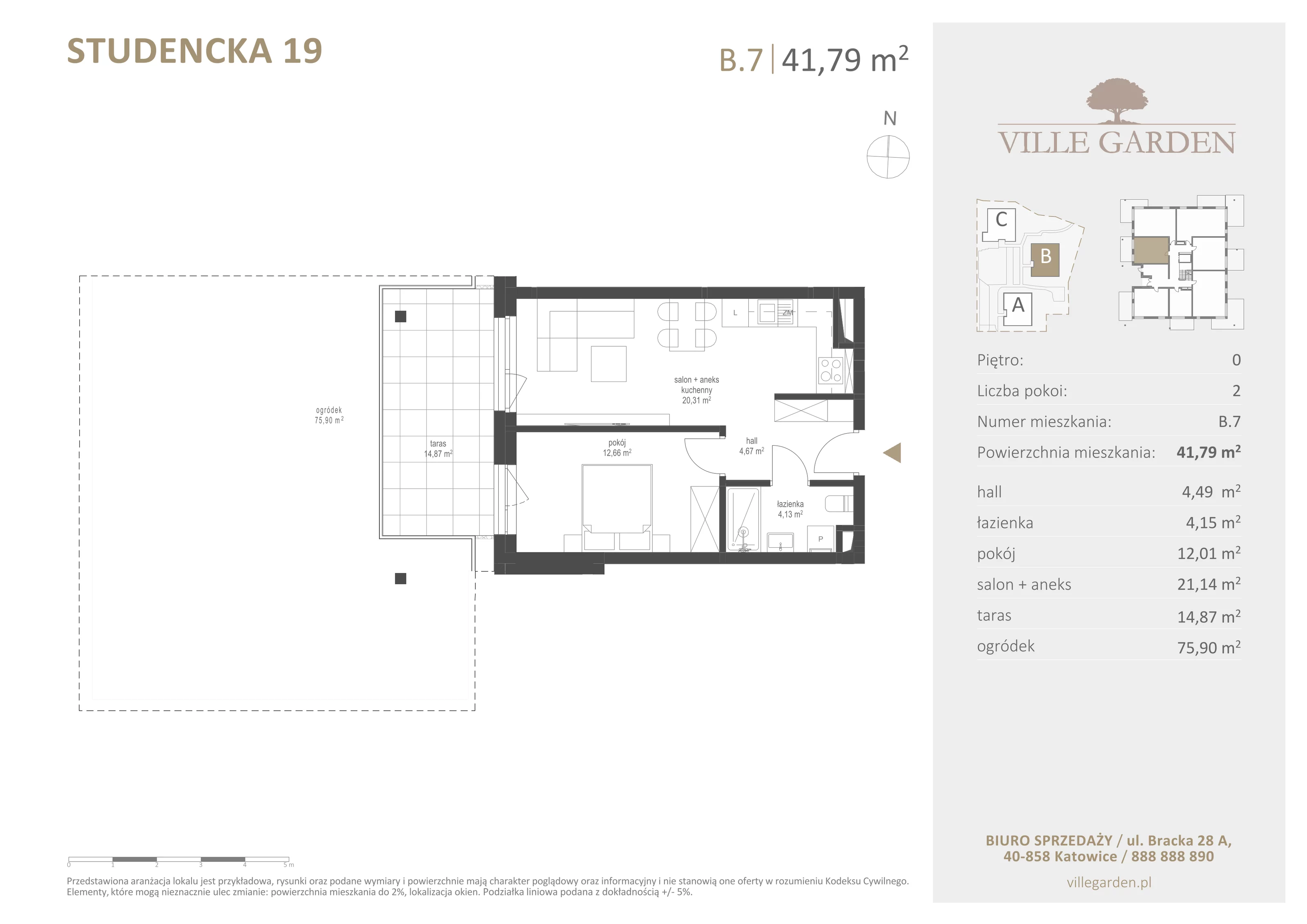 2 pokoje, apartament 41,79 m², parter, oferta nr B7, Ville Garden, Katowice, Ligota-Panewniki, ul. Studencka 19