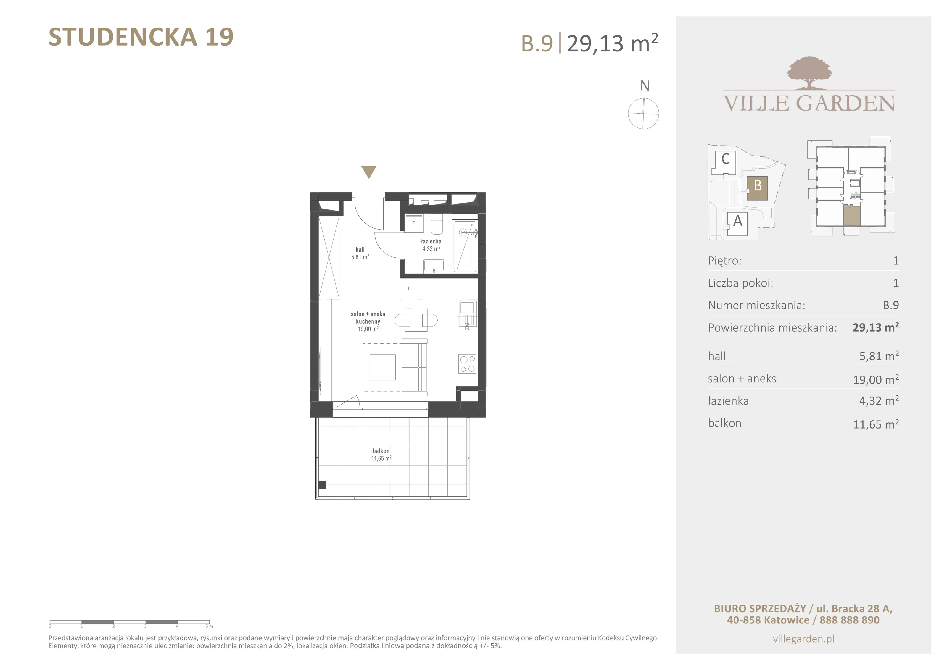 1 pokój, apartament 29,13 m², piętro 1, oferta nr B9, Ville Garden, Katowice, Ligota-Panewniki, ul. Studencka 19