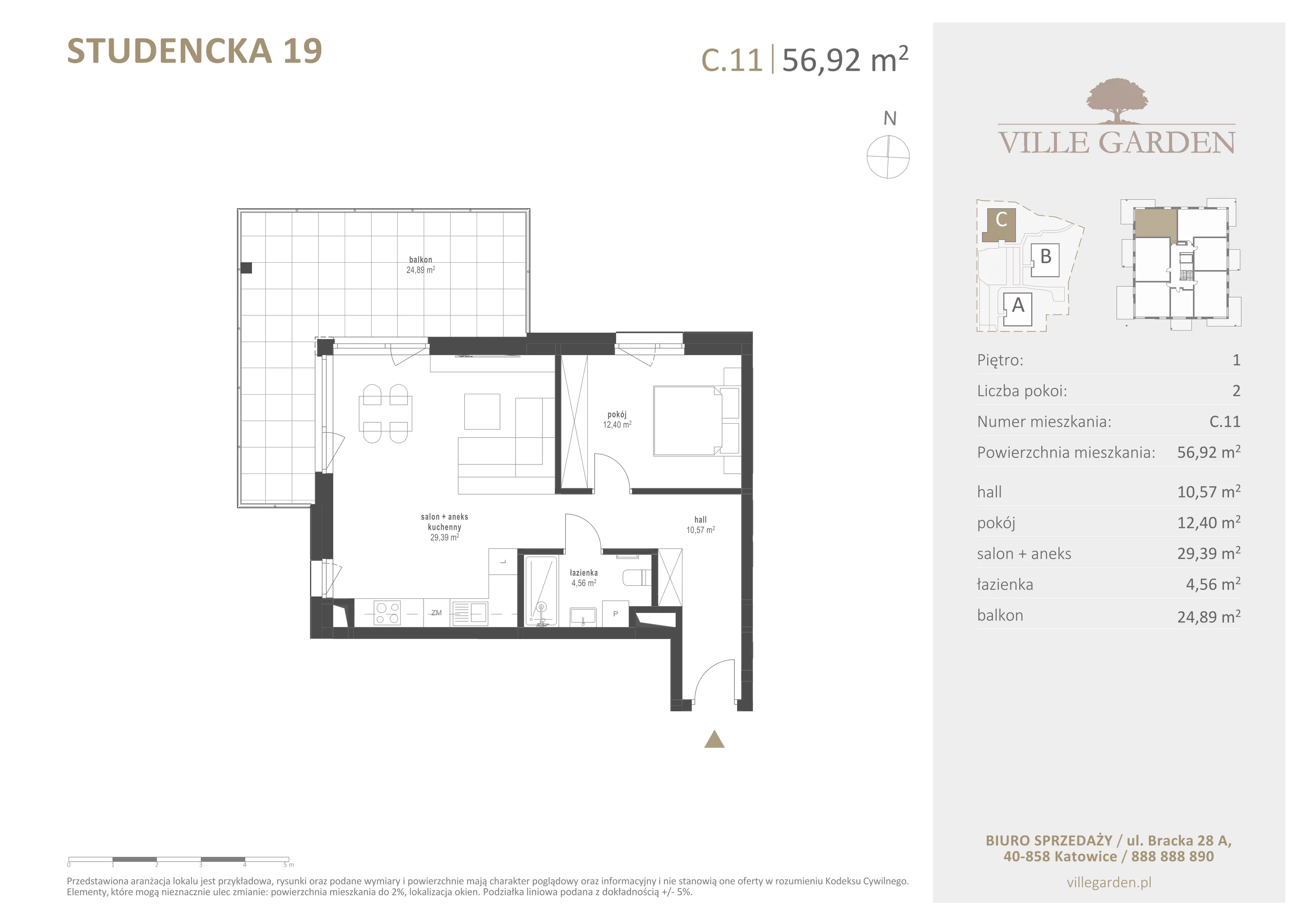 2 pokoje, apartament 56,92 m², piętro 1, oferta nr C11, Ville Garden, Katowice, Ligota-Panewniki, ul. Studencka 19