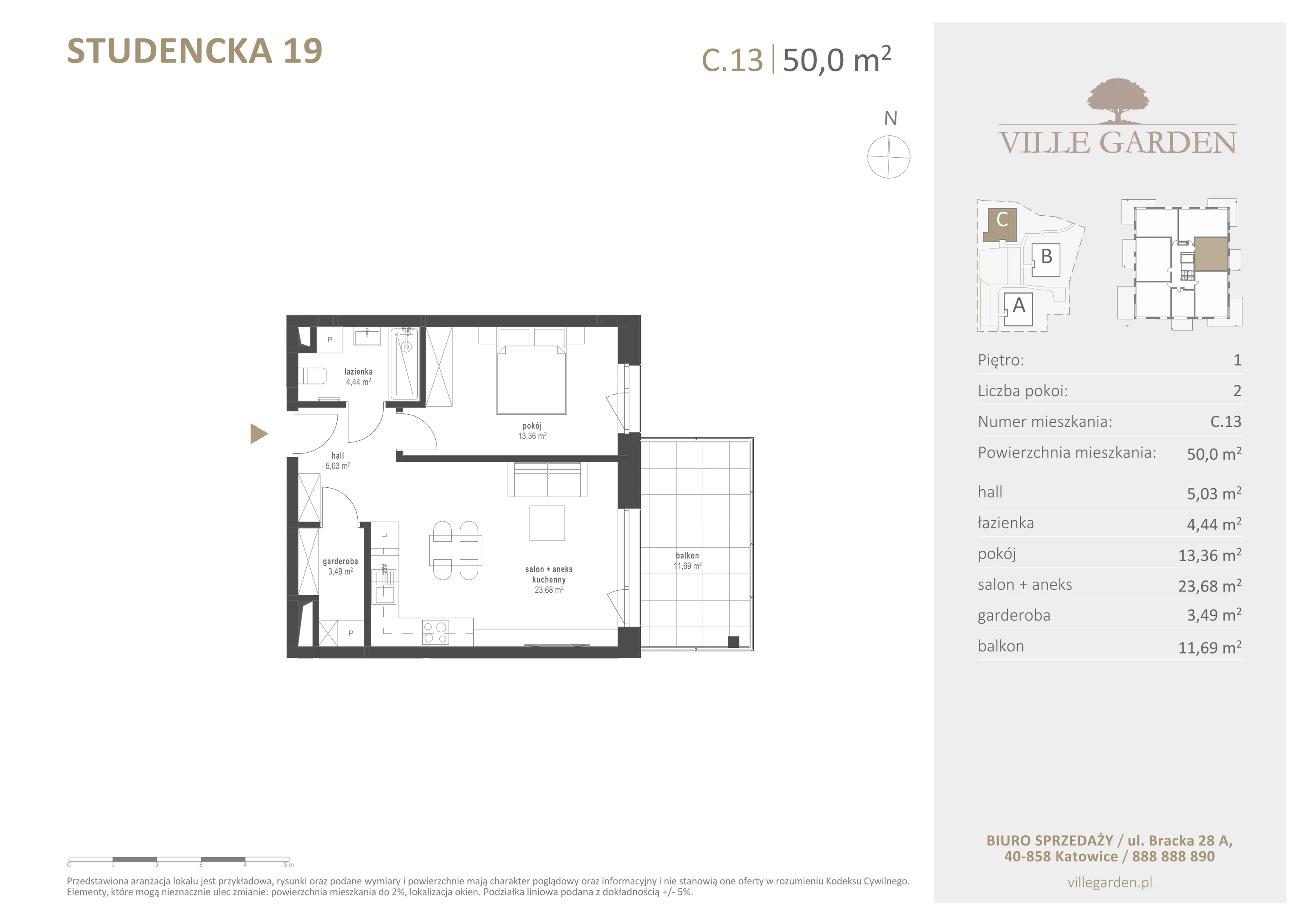 2 pokoje, apartament 49,91 m², piętro 1, oferta nr C13, Ville Garden, Katowice, Ligota-Panewniki, ul. Studencka 19