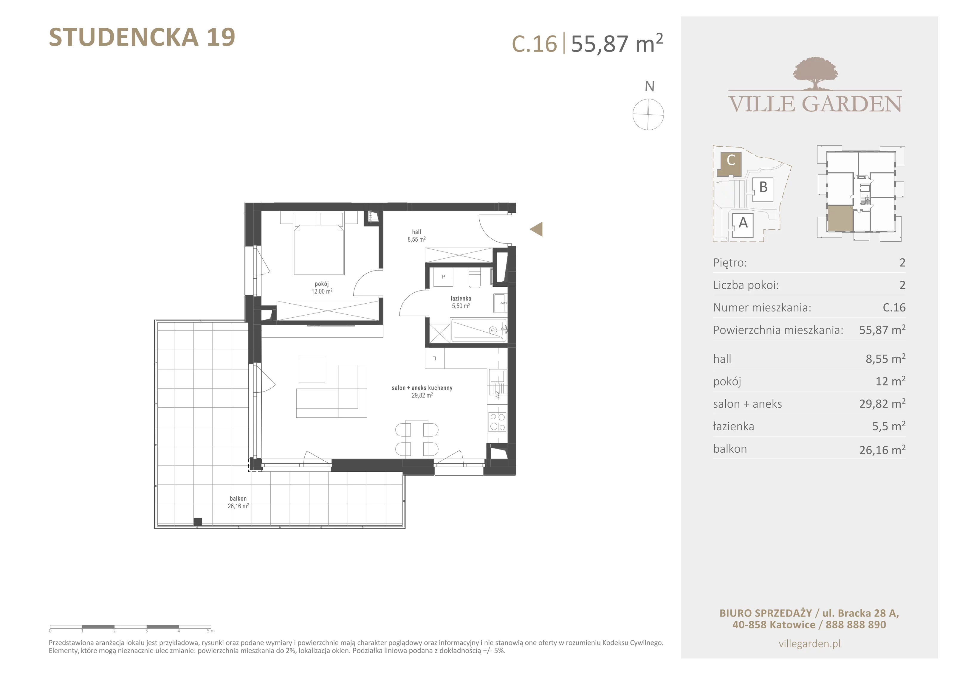 2 pokoje, apartament 55,87 m², piętro 2, oferta nr C16, Ville Garden, Katowice, Ligota-Panewniki, ul. Studencka 19