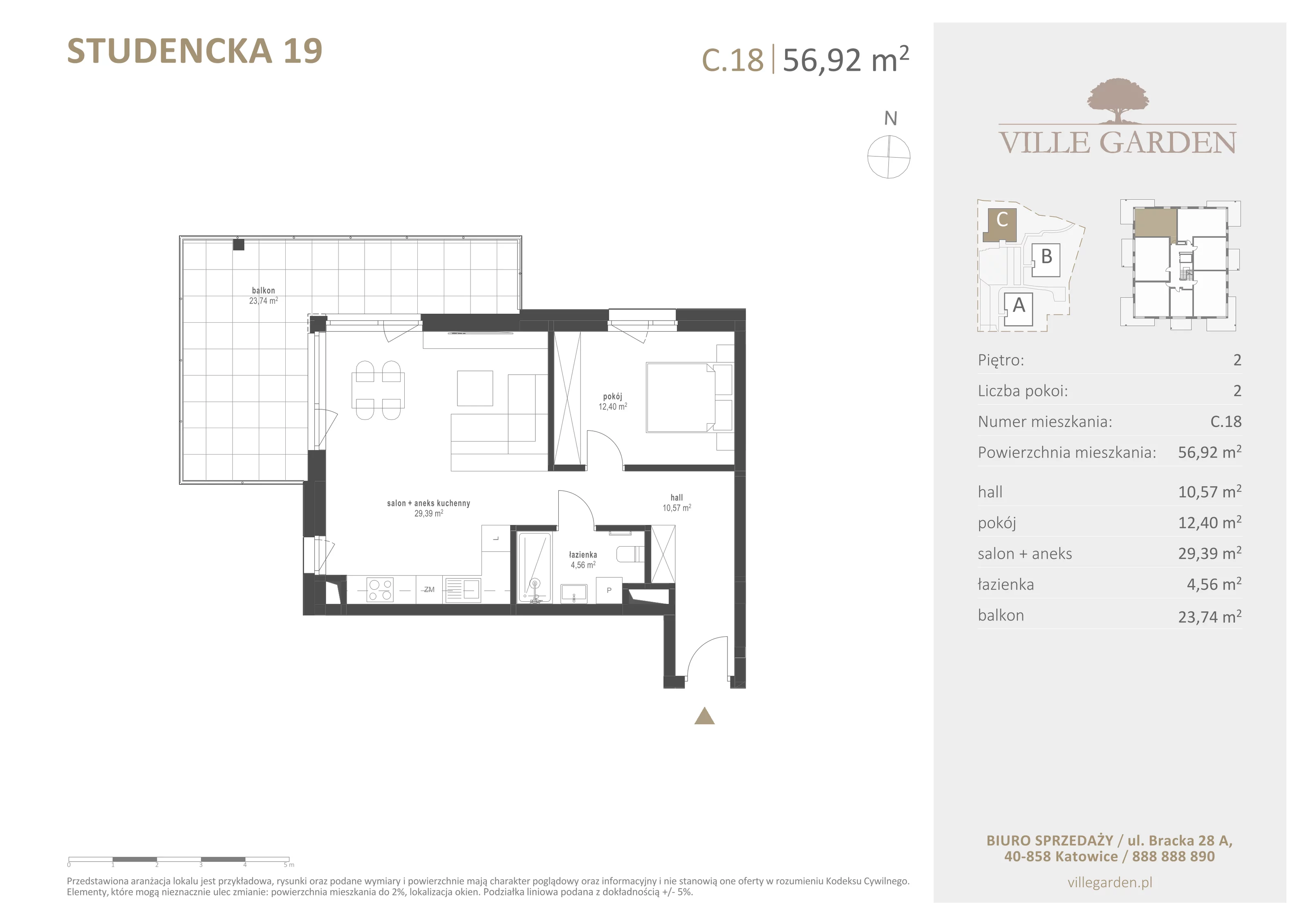 2 pokoje, apartament 56,92 m², piętro 2, oferta nr C18, Ville Garden, Katowice, Ligota-Panewniki, ul. Studencka 19