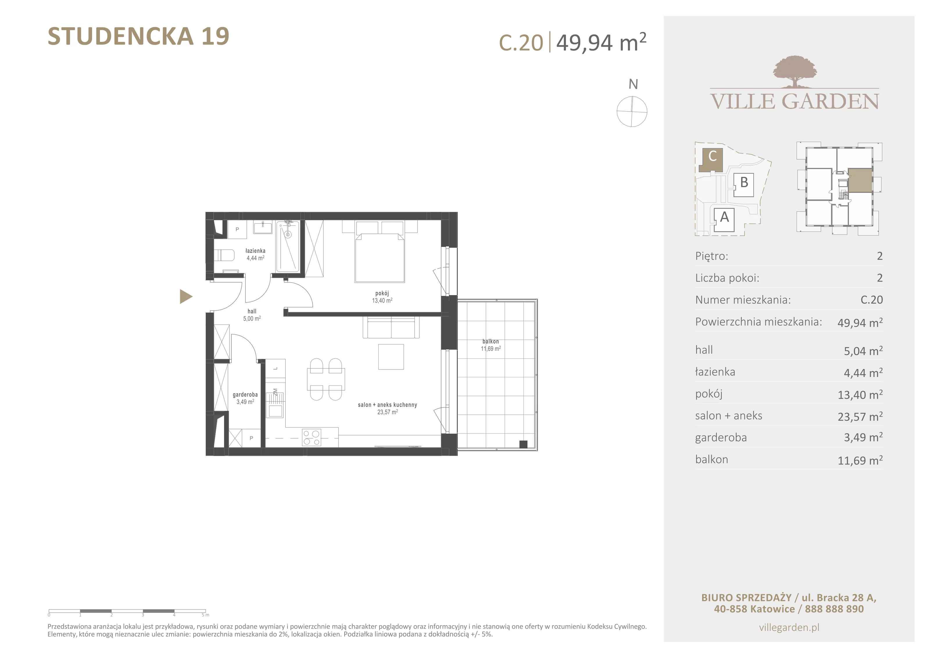 2 pokoje, apartament 49,91 m², piętro 2, oferta nr C20, Ville Garden, Katowice, Ligota-Panewniki, ul. Studencka 19
