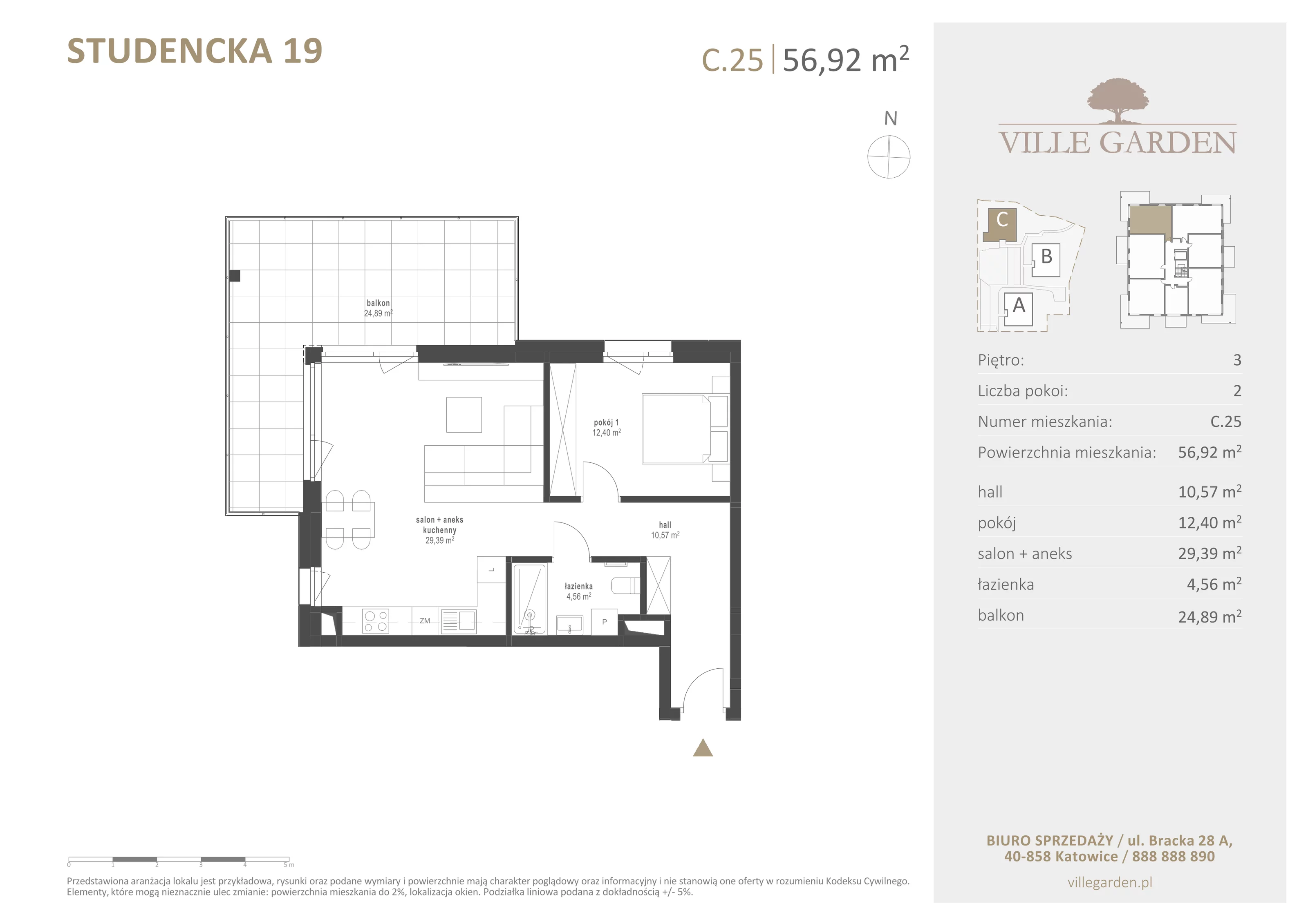 2 pokoje, apartament 56,92 m², piętro 3, oferta nr C25, Ville Garden, Katowice, Ligota-Panewniki, ul. Studencka 19