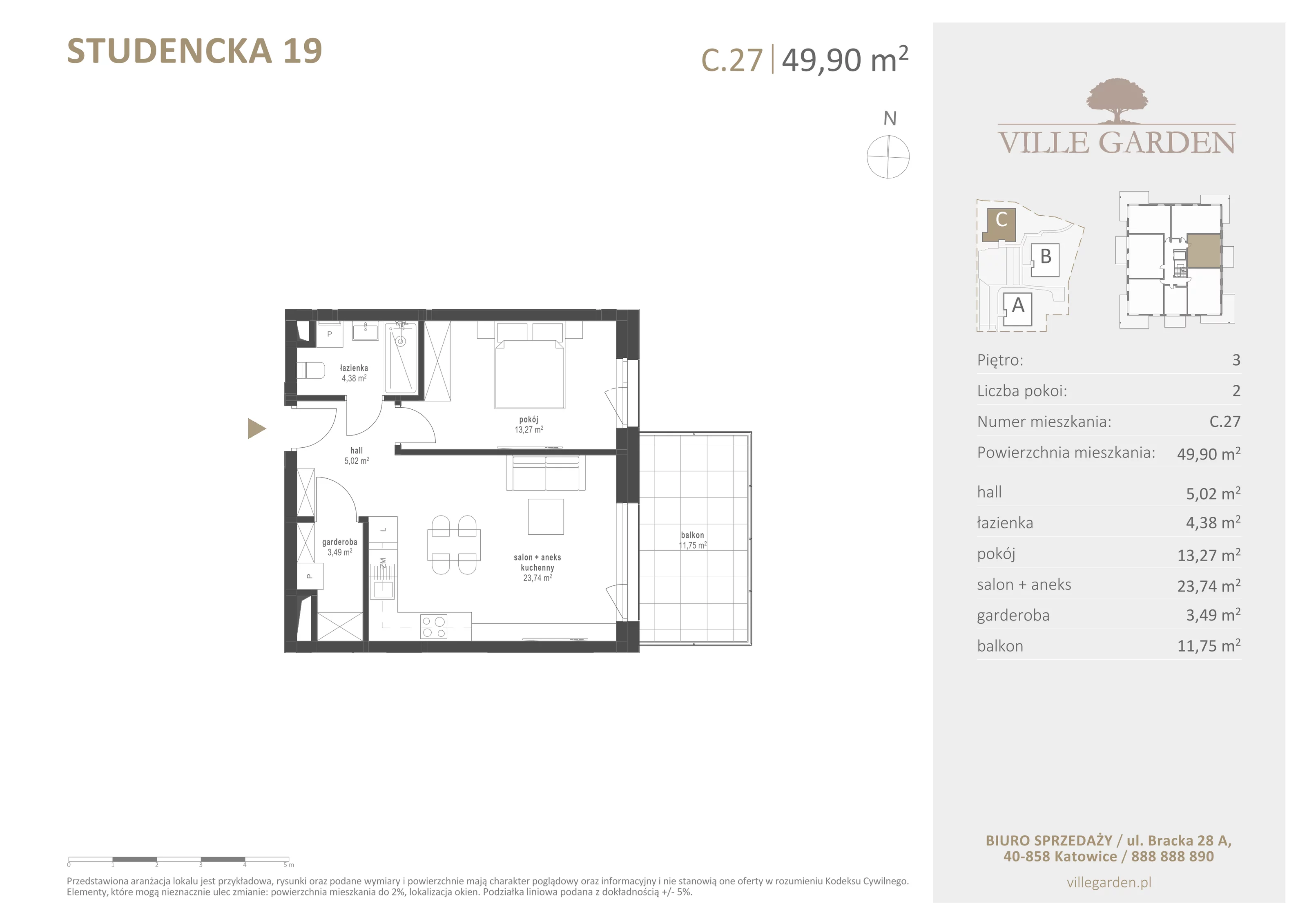 2 pokoje, apartament 49,91 m², piętro 3, oferta nr C27, Ville Garden, Katowice, Ligota-Panewniki, ul. Studencka 19