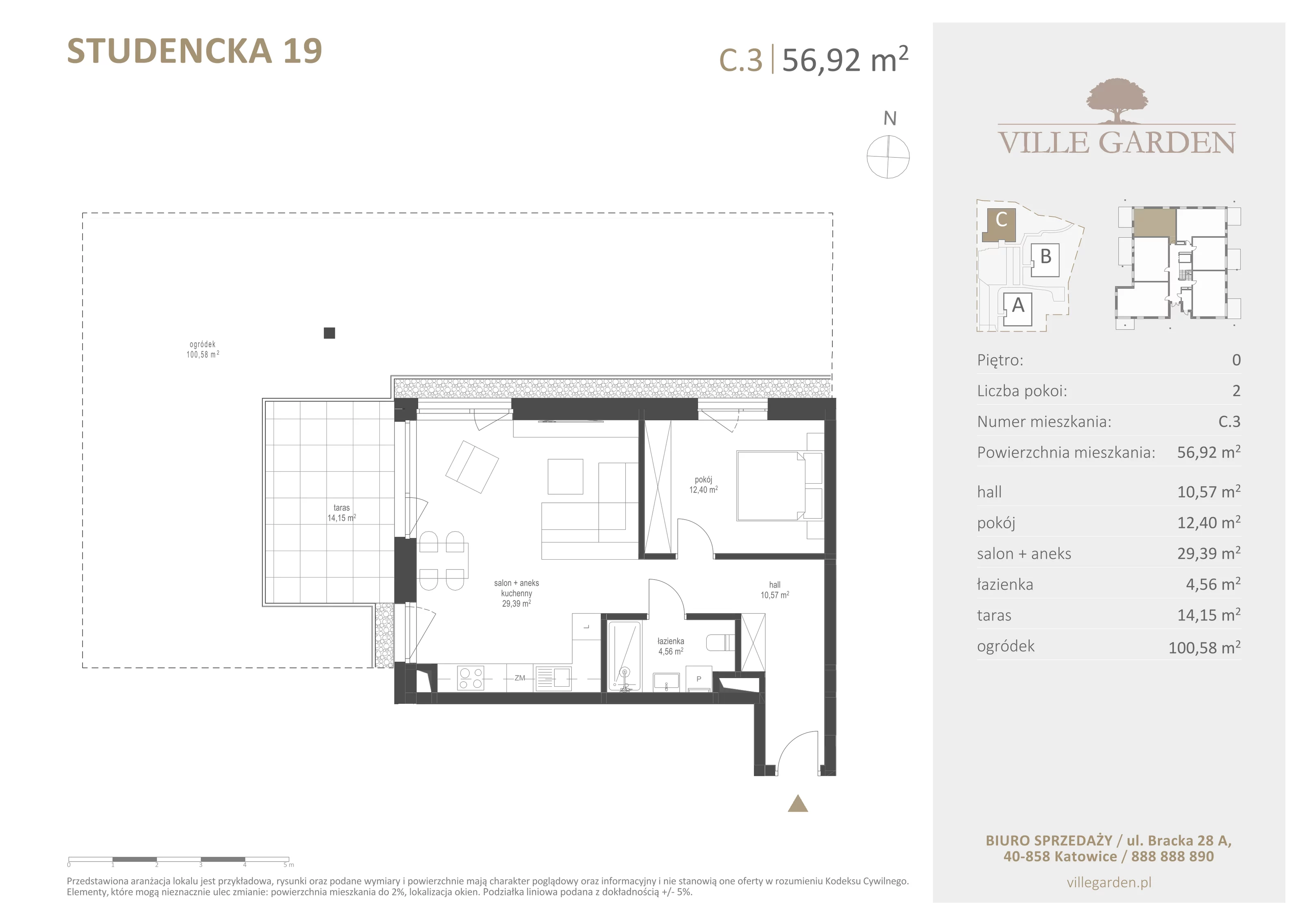 2 pokoje, apartament 56,92 m², parter, oferta nr C3, Ville Garden, Katowice, Ligota-Panewniki, ul. Studencka 19
