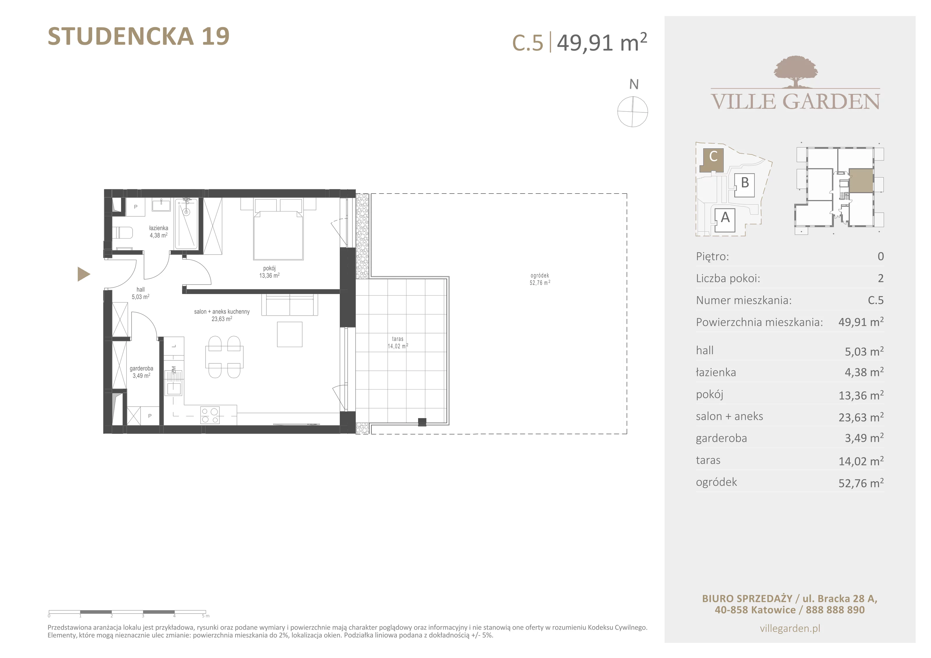 2 pokoje, apartament 49,91 m², parter, oferta nr C5, Ville Garden, Katowice, Ligota-Panewniki, ul. Studencka 19