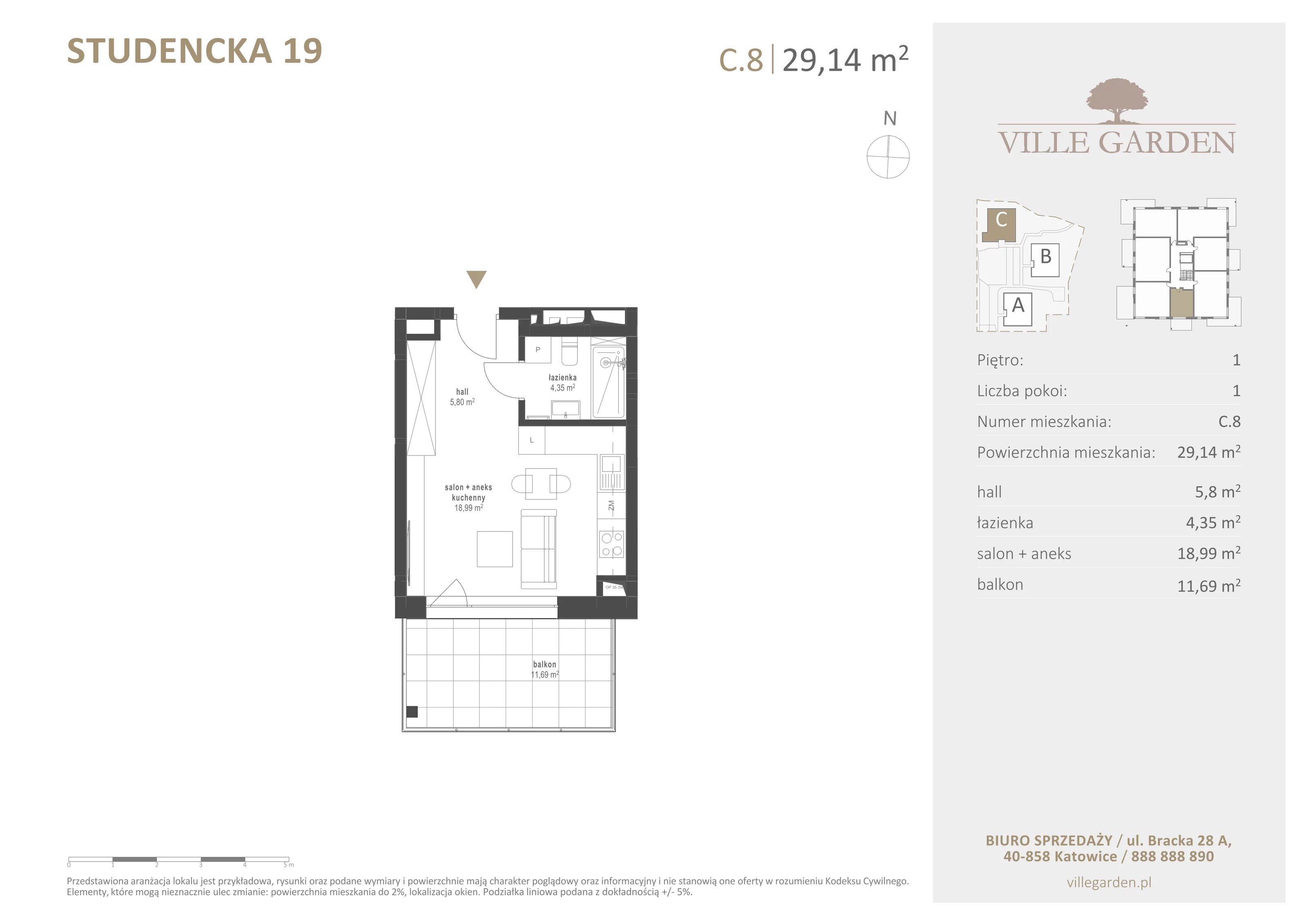 1 pokój, apartament 29,14 m², piętro 1, oferta nr C8, Ville Garden, Katowice, Ligota-Panewniki, ul. Studencka 19
