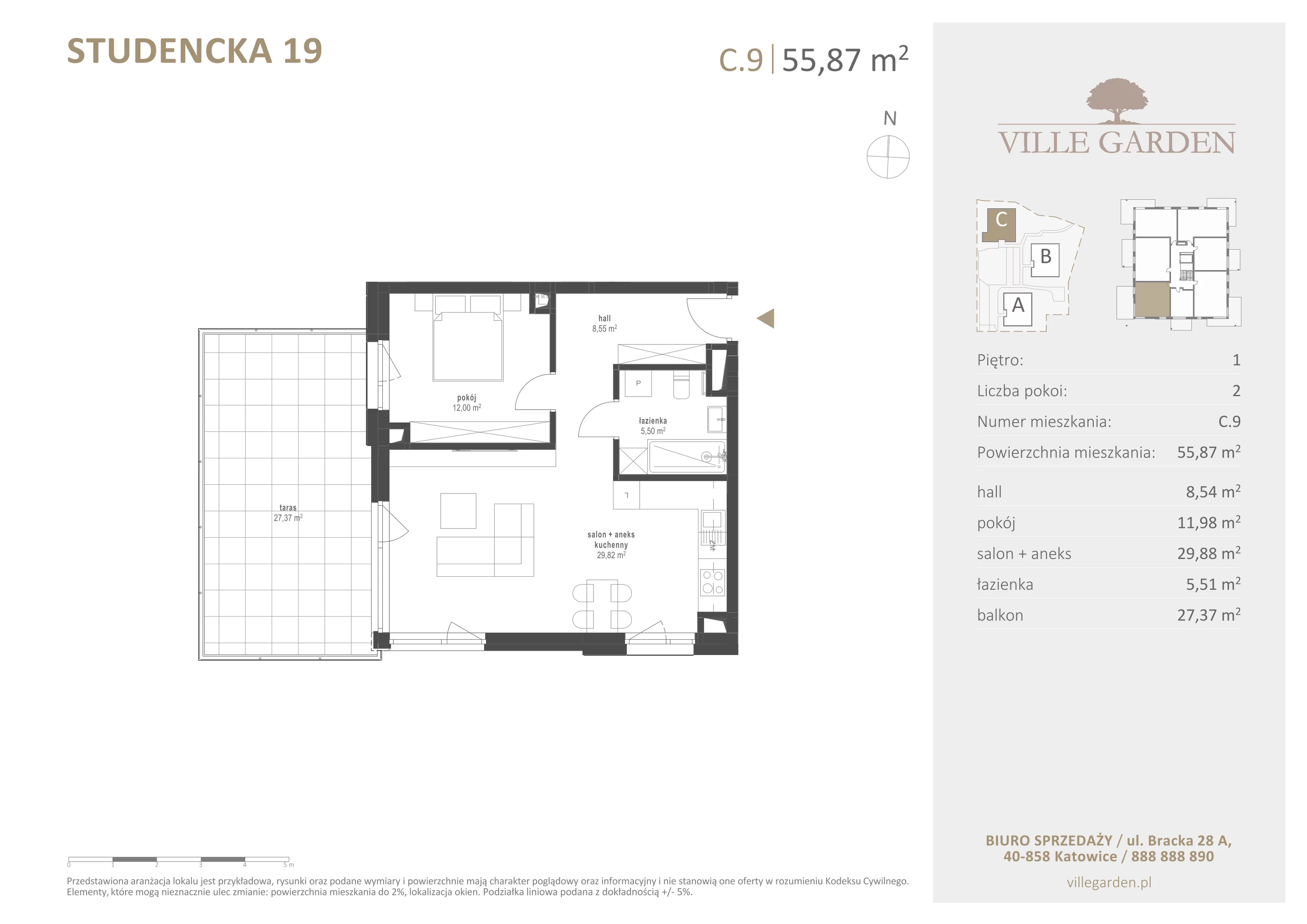2 pokoje, apartament 55,87 m², piętro 1, oferta nr C9, Ville Garden, Katowice, Ligota-Panewniki, ul. Studencka 19