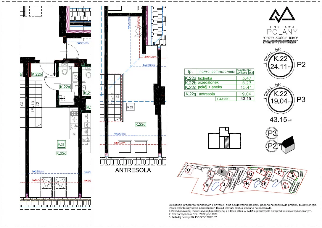 2 pokoje, apartament 43,15 m², piętro 1, oferta nr K.22, Enklawa Polany, Kościelisko, ul. Chotarz Bór 14 A-M