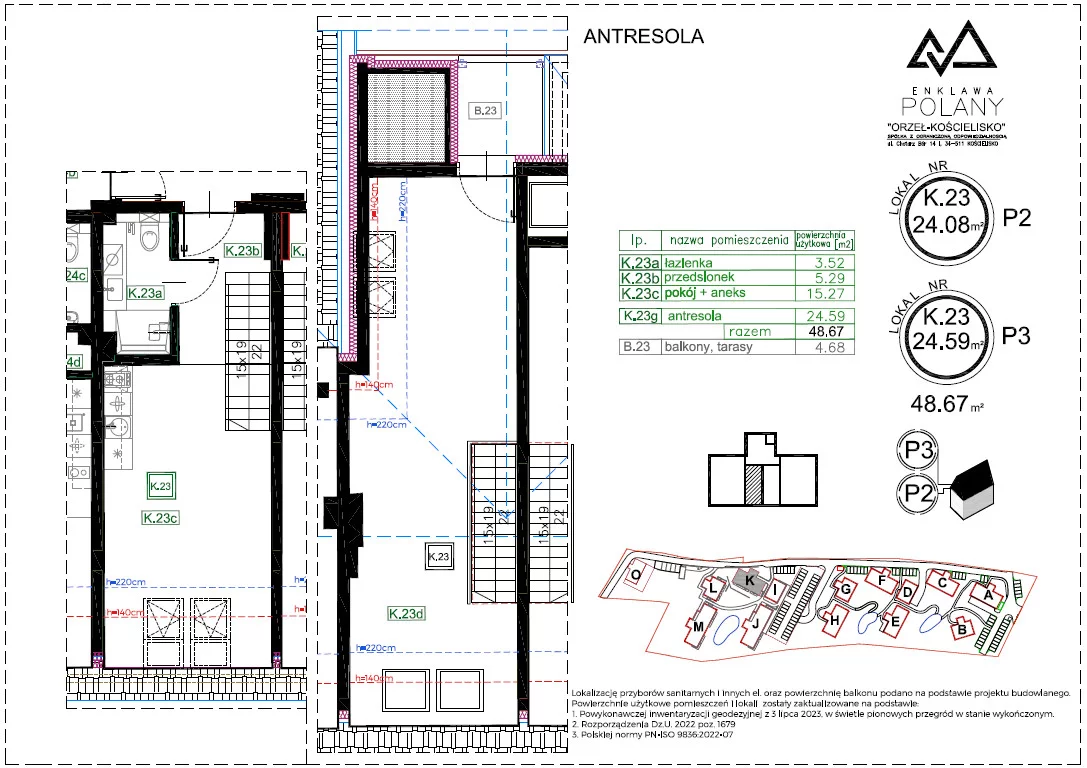 2 pokoje, apartament 48,67 m², piętro 1, oferta nr K.23, Enklawa Polany, Kościelisko, ul. Chotarz Bór 14 A-M