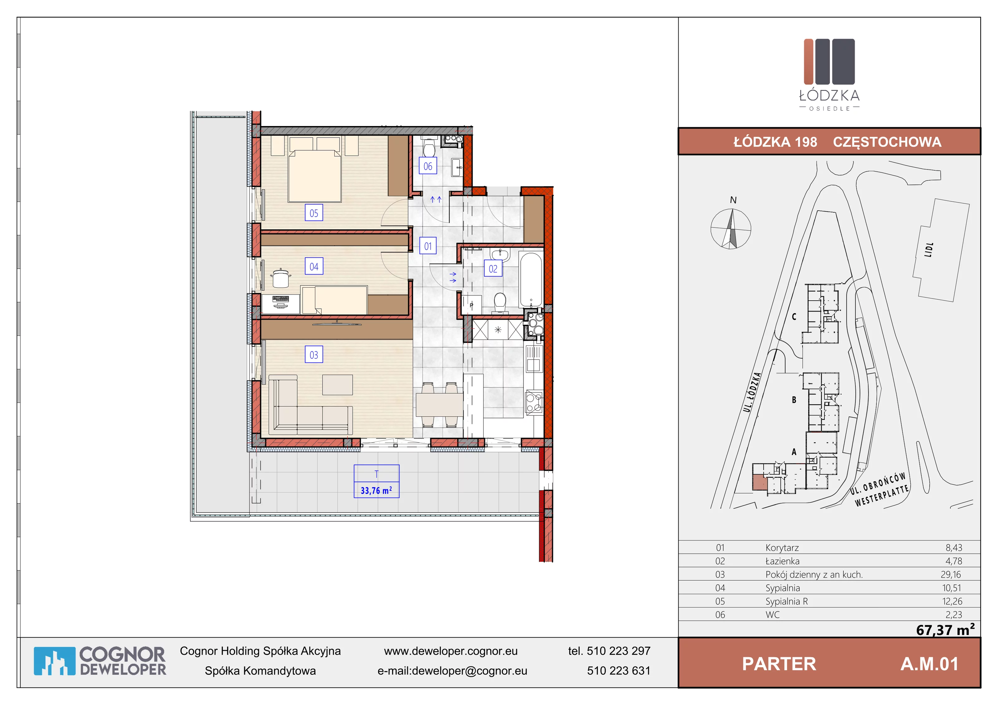 3 pokoje, mieszkanie 67,36 m², parter, oferta nr A.M.01, Łódzka Osiedle, Częstochowa, Częstochówka-Parkitka, ul. Łódzka 198, 200, 202