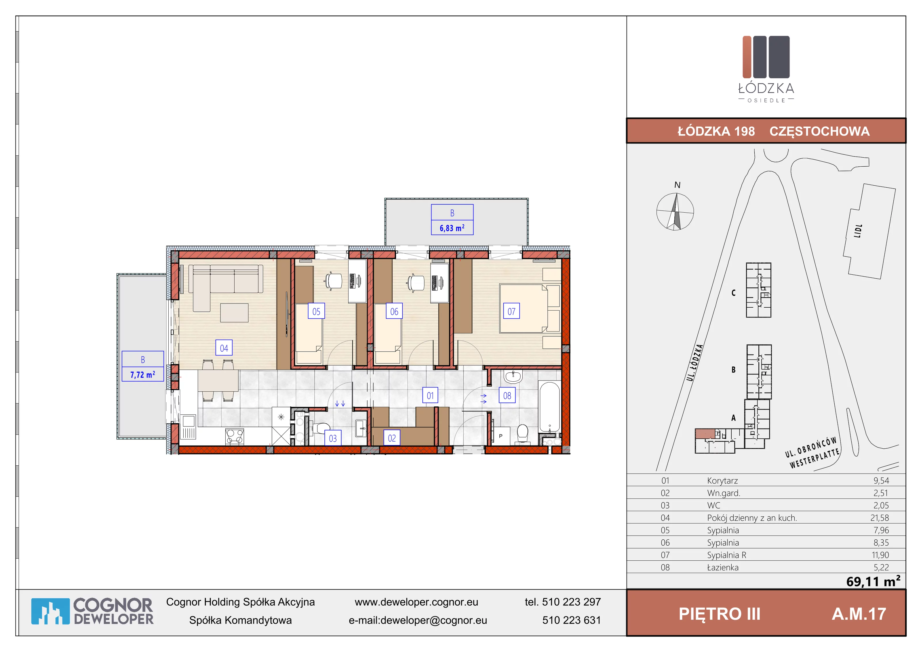 4 pokoje, mieszkanie 69,11 m², piętro 3, oferta nr A.M.17, Łódzka Osiedle, Częstochowa, Częstochówka-Parkitka, ul. Łódzka 198, 200, 202