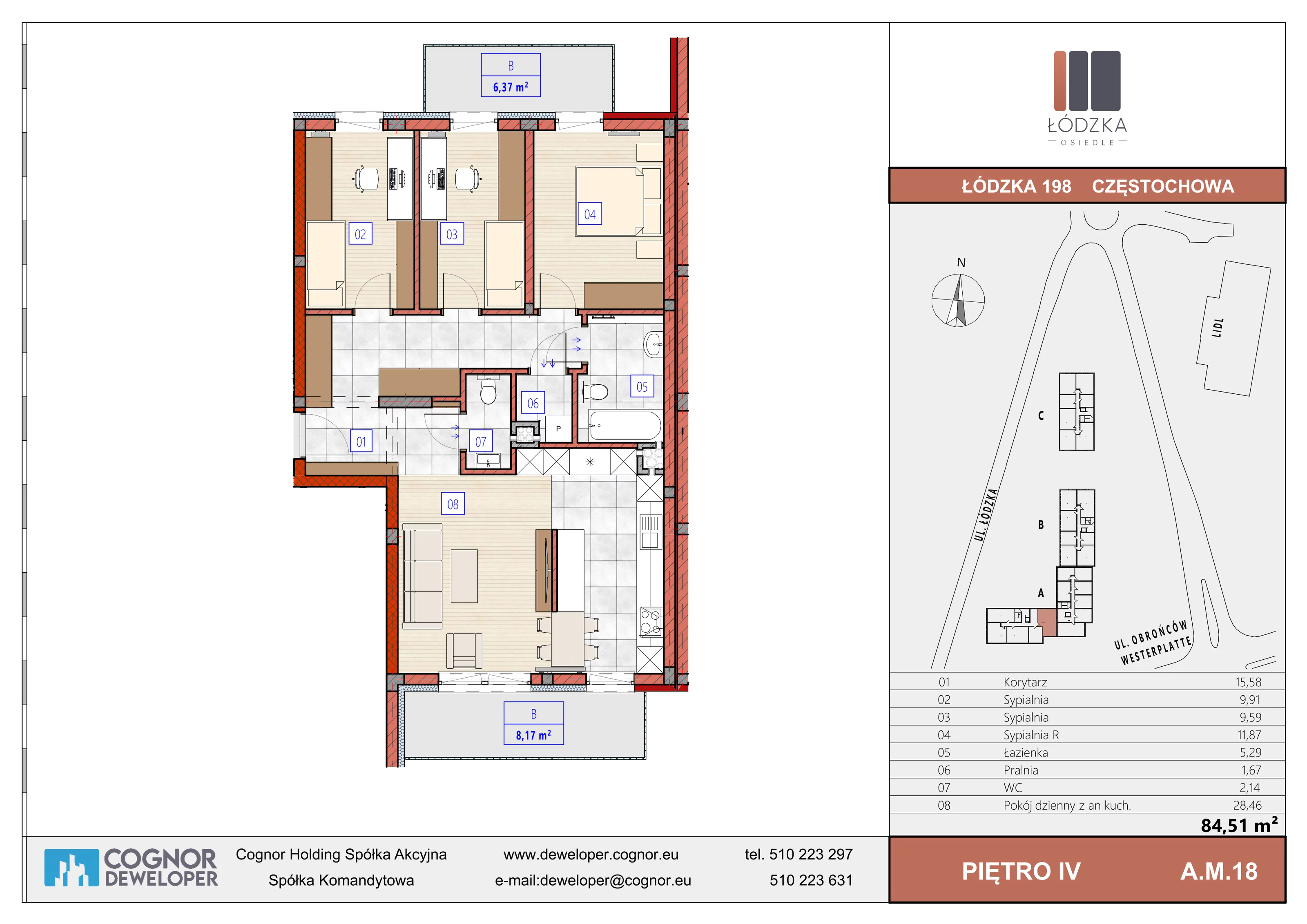 4 pokoje, mieszkanie 84,51 m², piętro 4, oferta nr A.M.18, Łódzka Osiedle, Częstochowa, Częstochówka-Parkitka, ul. Łódzka 198, 200, 202