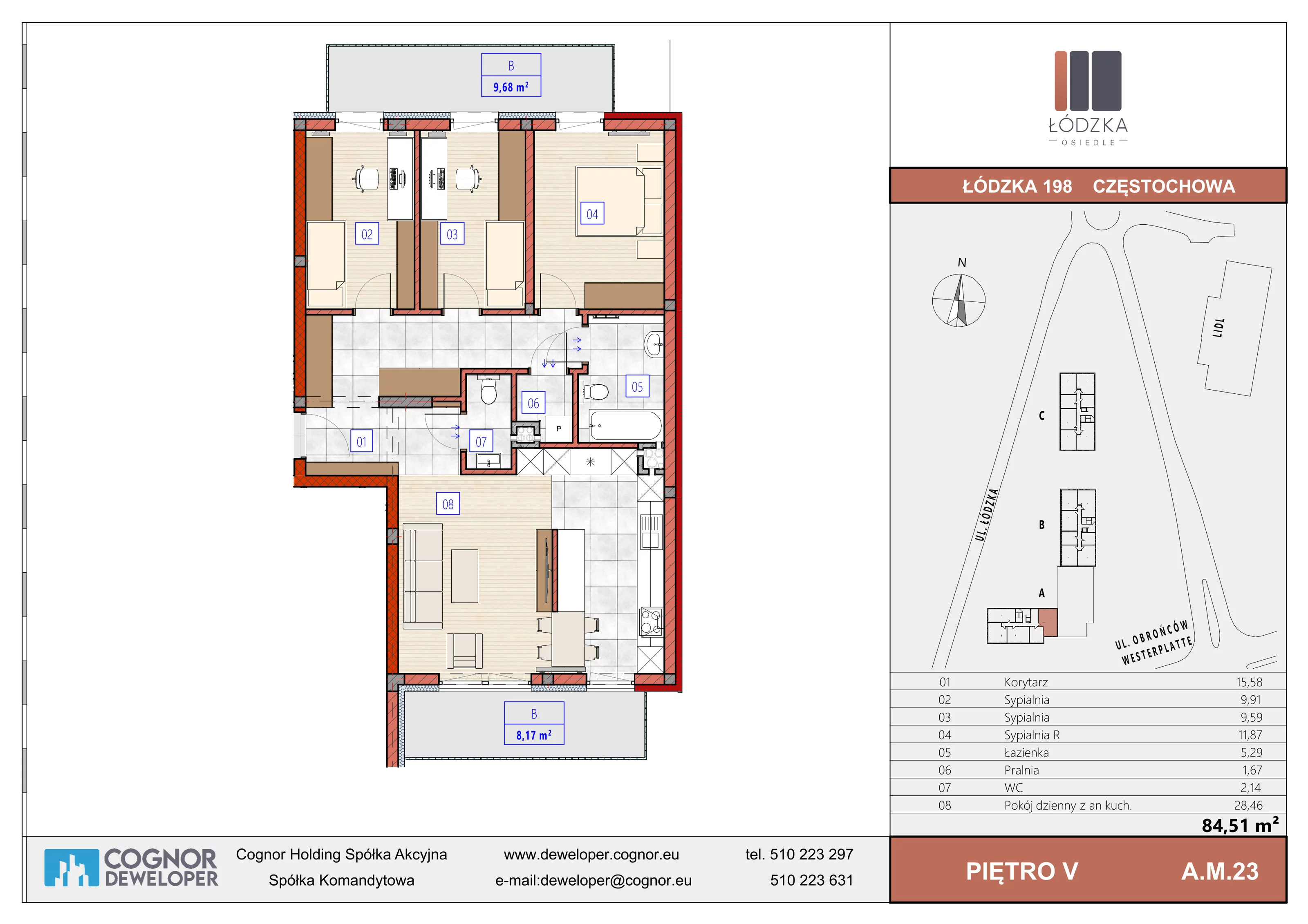 4 pokoje, mieszkanie 84,51 m², piętro 5, oferta nr A.M.23, Łódzka Osiedle, Częstochowa, Częstochówka-Parkitka, ul. Łódzka 198, 200, 202