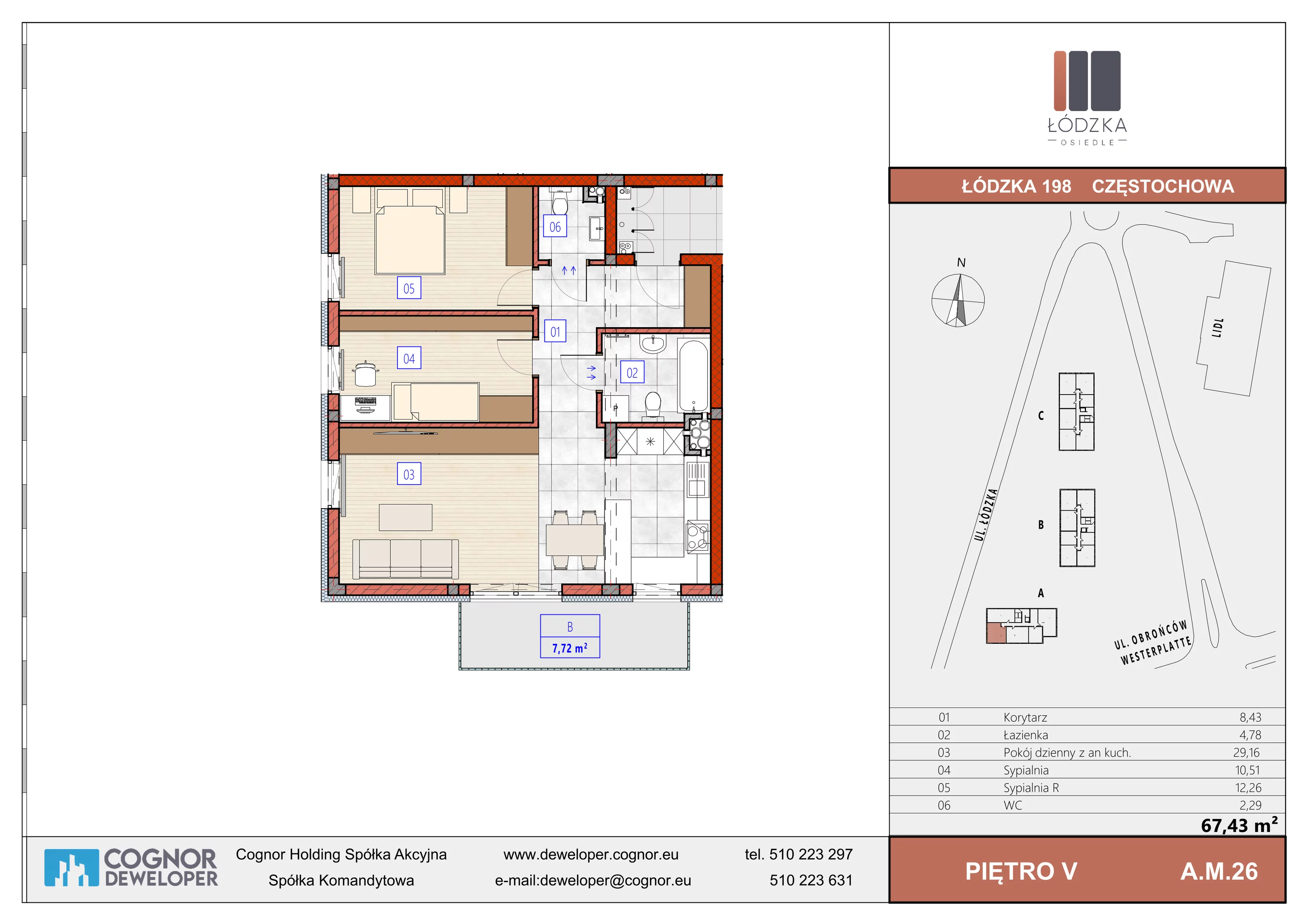 3 pokoje, mieszkanie 67,43 m², piętro 5, oferta nr A.M.26, Łódzka Osiedle, Częstochowa, Częstochówka-Parkitka, ul. Łódzka 198, 200, 202