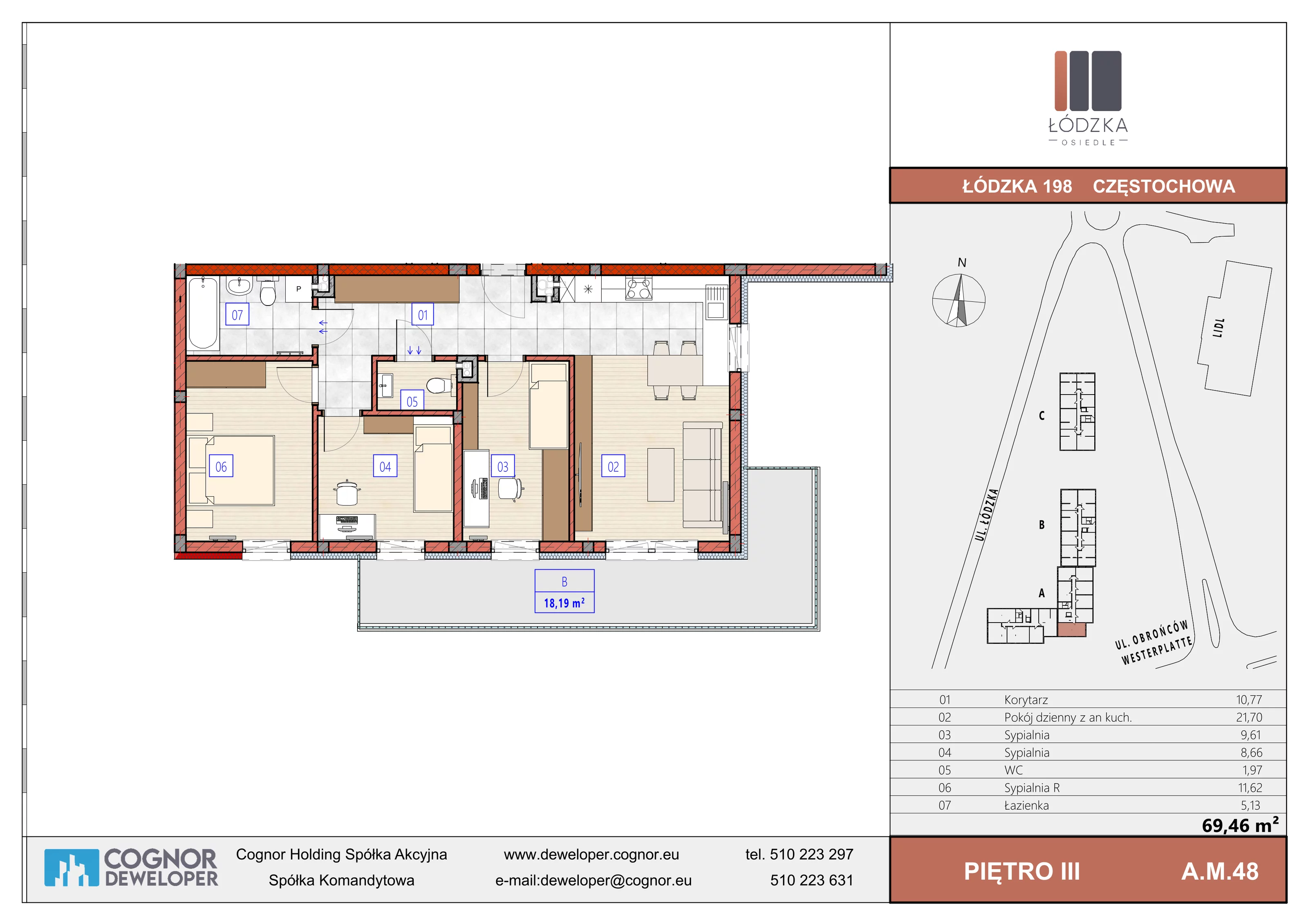 4 pokoje, mieszkanie 69,46 m², piętro 3, oferta nr A.M.48, Łódzka Osiedle, Częstochowa, Częstochówka-Parkitka, ul. Łódzka 198, 200, 202