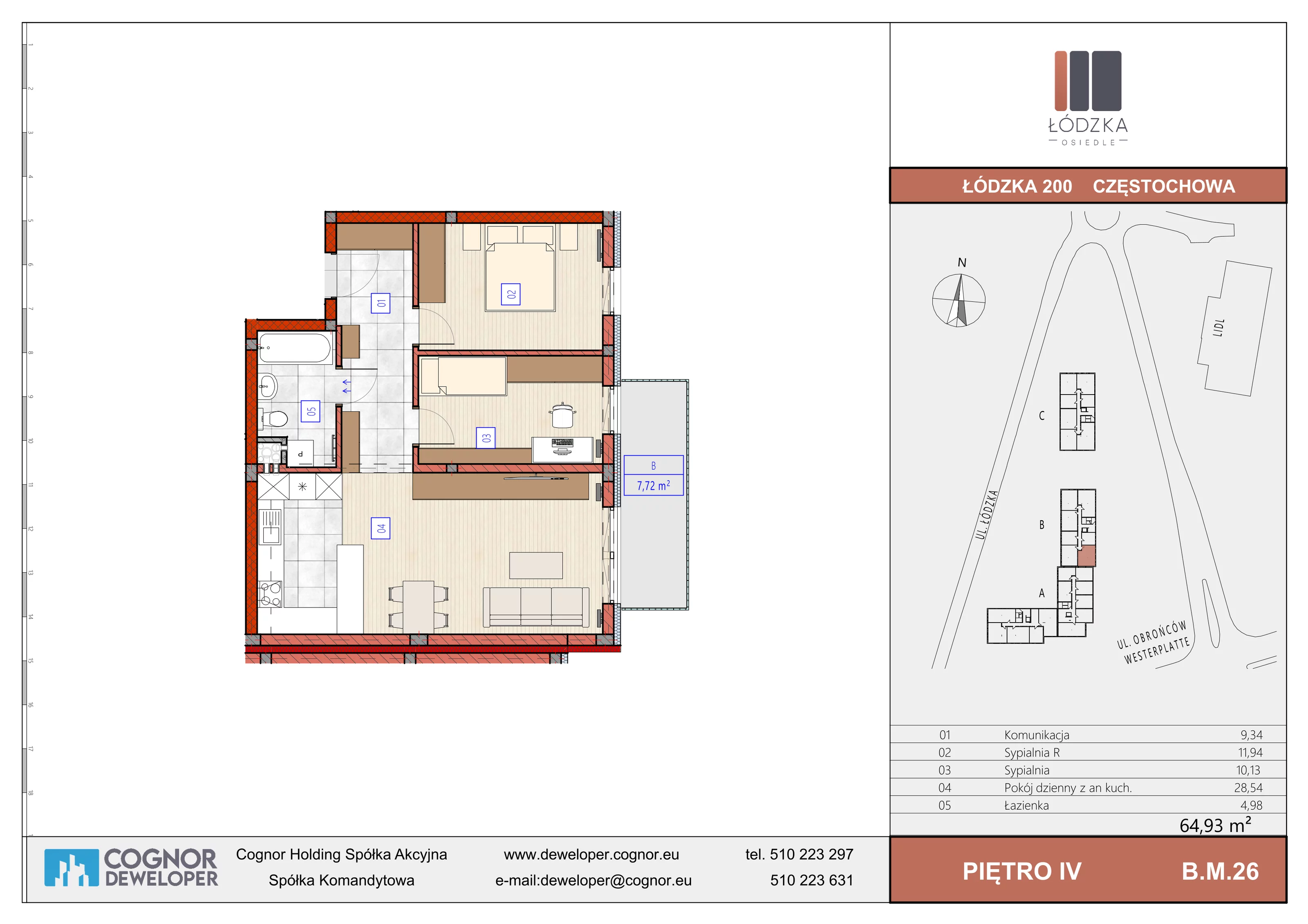3 pokoje, mieszkanie 64,93 m², piętro 4, oferta nr B.M.26, Łódzka Osiedle, Częstochowa, Częstochówka-Parkitka, ul. Łódzka 198, 200, 202