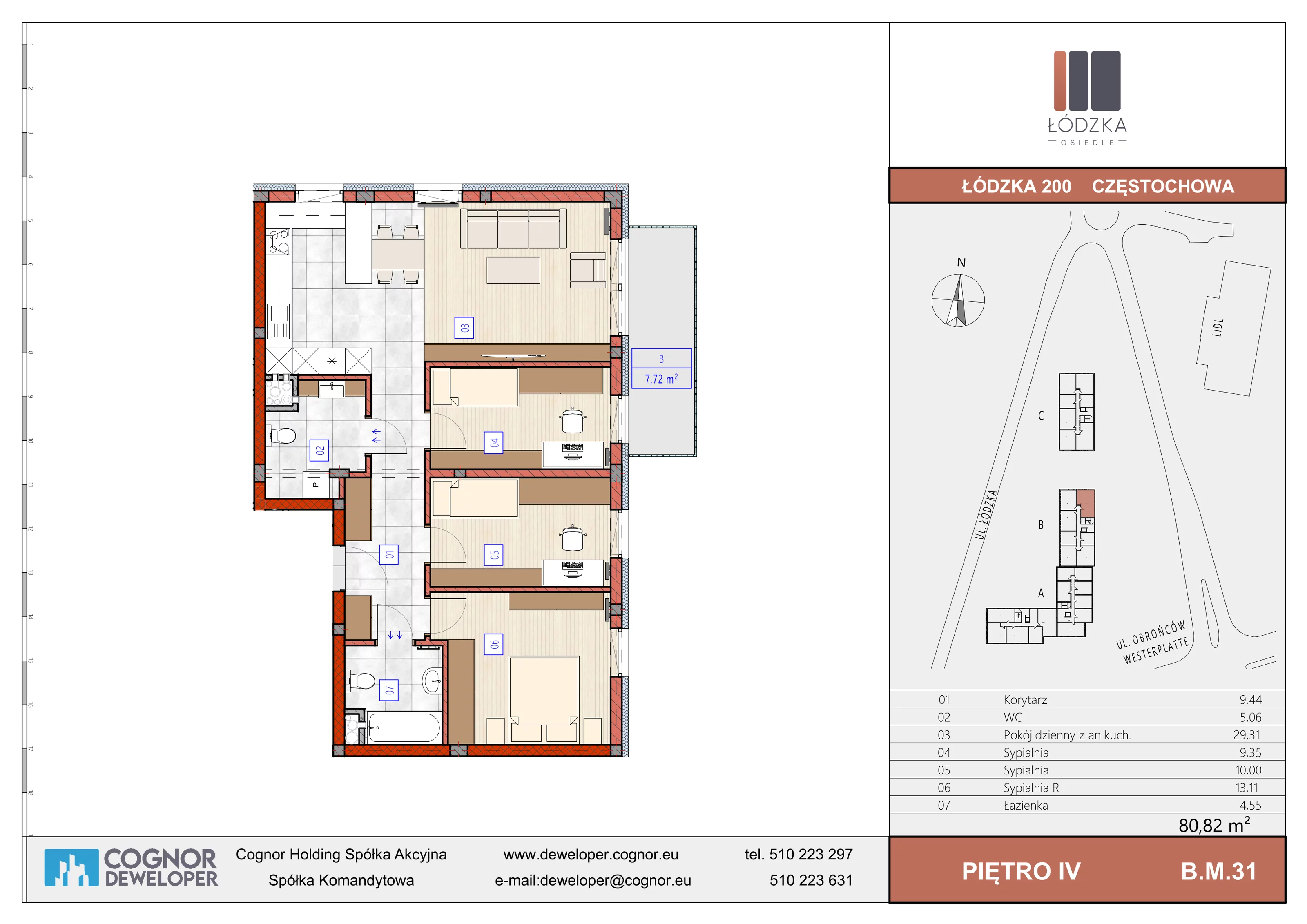 4 pokoje, mieszkanie 80,82 m², piętro 4, oferta nr B.M.31, Łódzka Osiedle, Częstochowa, Częstochówka-Parkitka, ul. Łódzka 198, 200, 202