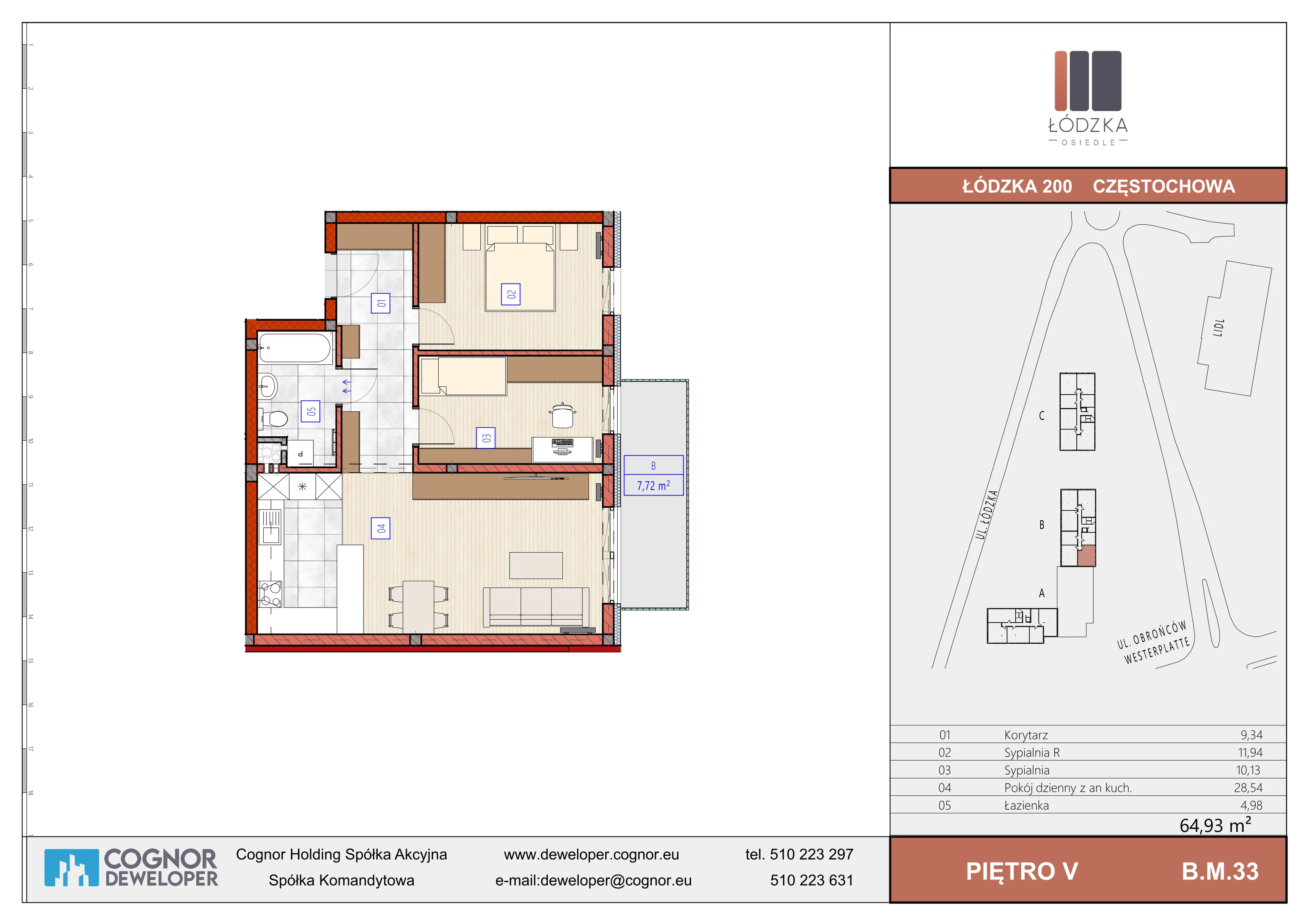 3 pokoje, mieszkanie 64,93 m², piętro 5, oferta nr B.M.33, Łódzka Osiedle, Częstochowa, Częstochówka-Parkitka, ul. Łódzka 198, 200, 202