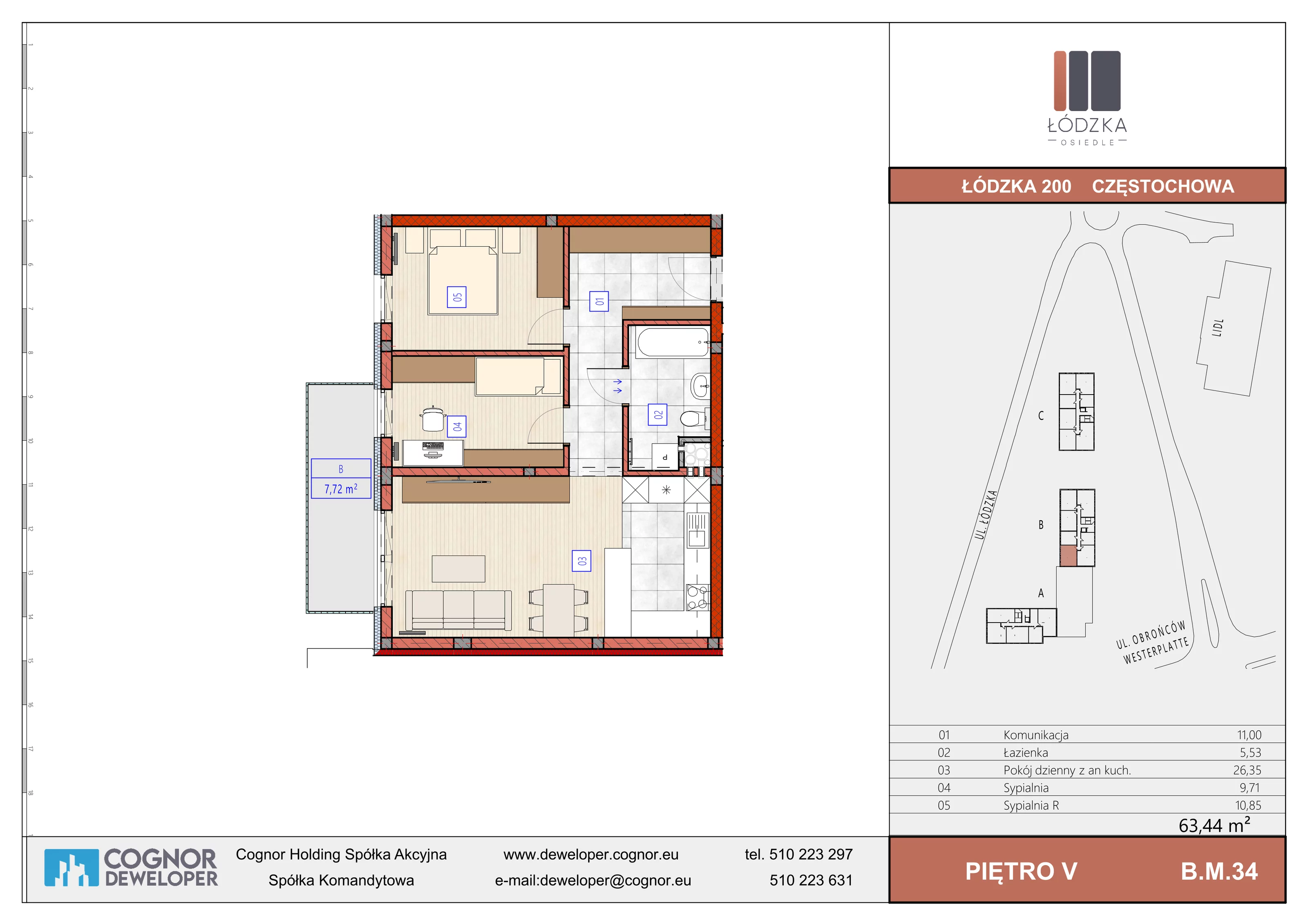 3 pokoje, mieszkanie 63,44 m², piętro 5, oferta nr B.M.34, Łódzka Osiedle, Częstochowa, Częstochówka-Parkitka, ul. Łódzka 198, 200, 202