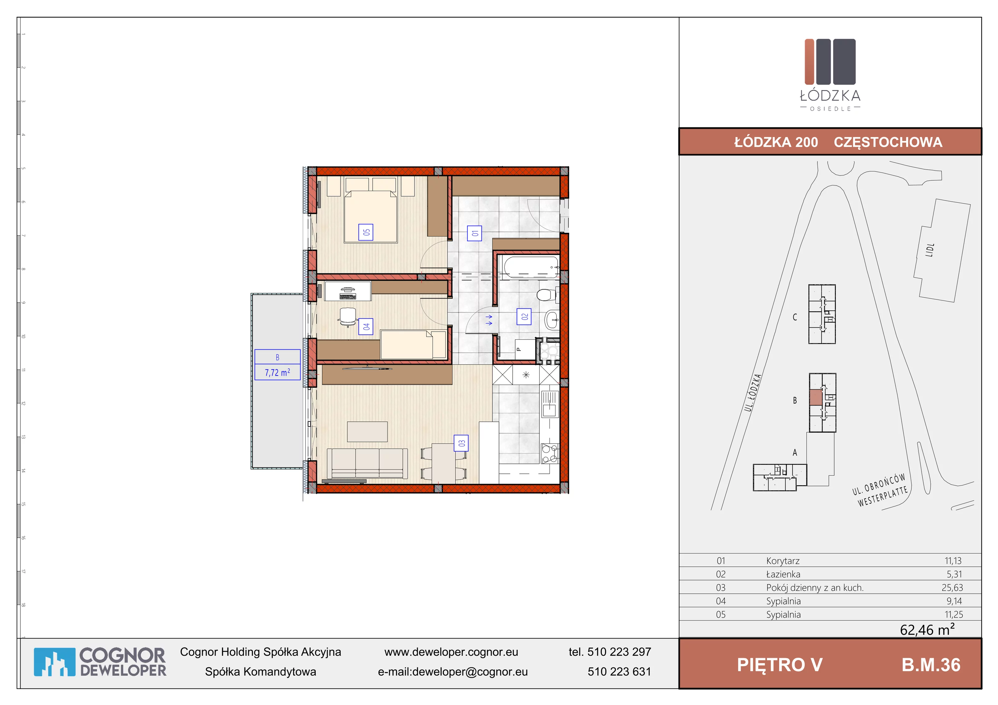 3 pokoje, mieszkanie 62,46 m², piętro 5, oferta nr B.M.36, Łódzka Osiedle, Częstochowa, Częstochówka-Parkitka, ul. Łódzka 198, 200, 202