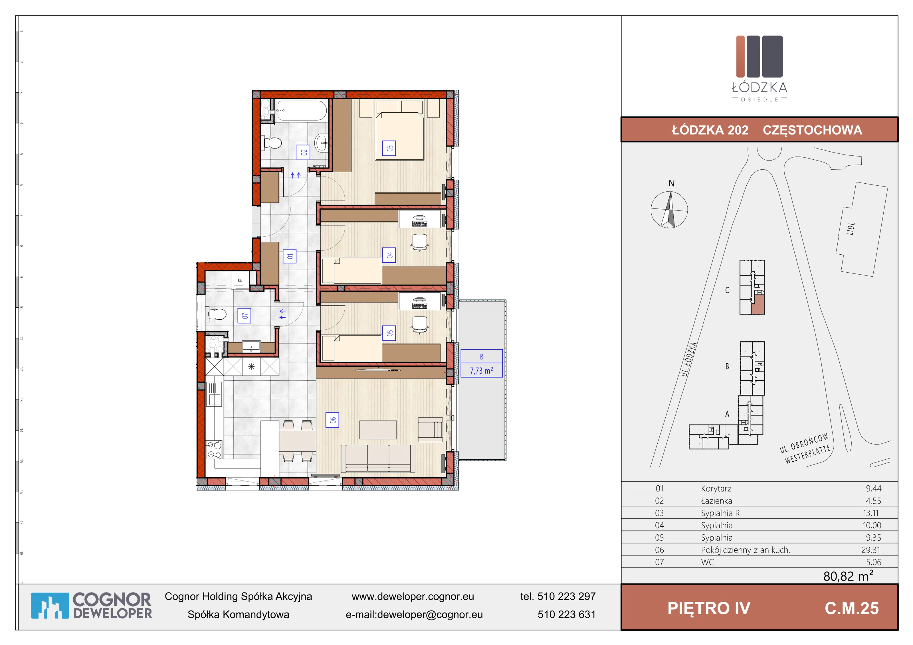 4 pokoje, mieszkanie 80,82 m², piętro 4, oferta nr C.M.25, Łódzka Osiedle, Częstochowa, Częstochówka-Parkitka, ul. Łódzka 198, 200, 202