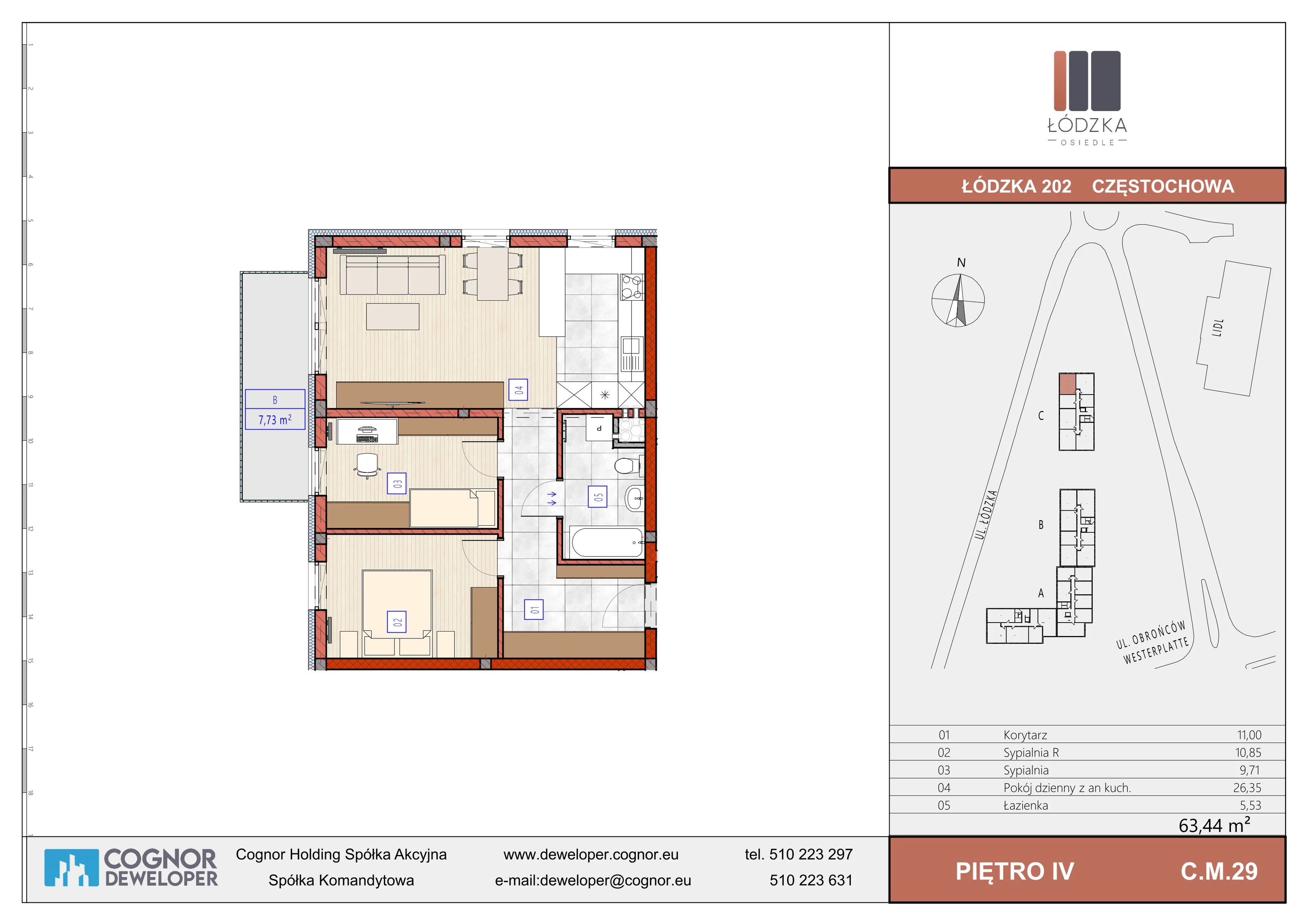 3 pokoje, mieszkanie 63,44 m², piętro 4, oferta nr C.M.29, Łódzka Osiedle, Częstochowa, Częstochówka-Parkitka, ul. Łódzka 198, 200, 202