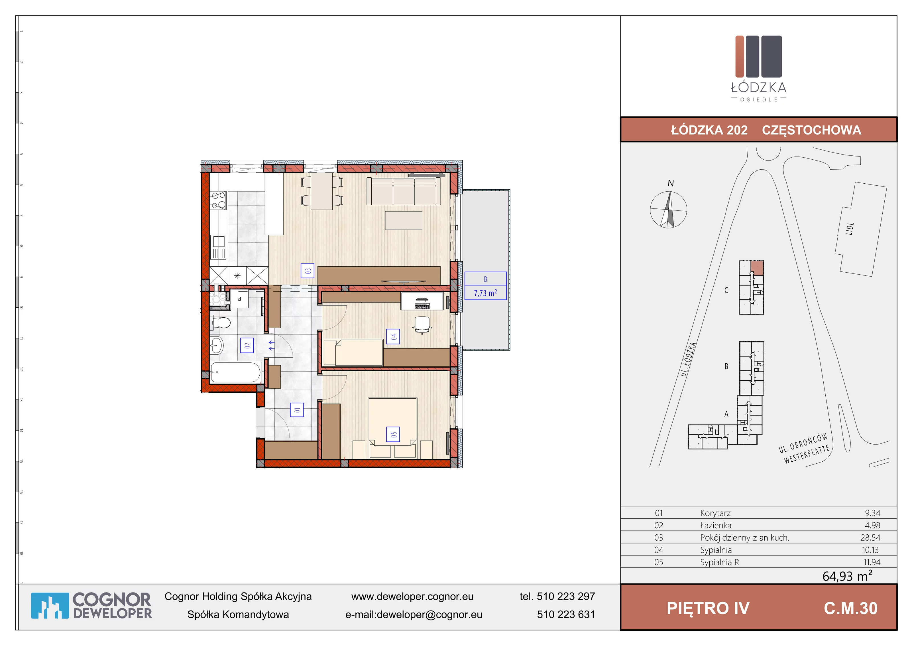 3 pokoje, mieszkanie 64,93 m², piętro 4, oferta nr C.M.30, Łódzka Osiedle, Częstochowa, Częstochówka-Parkitka, ul. Łódzka 198, 200, 202