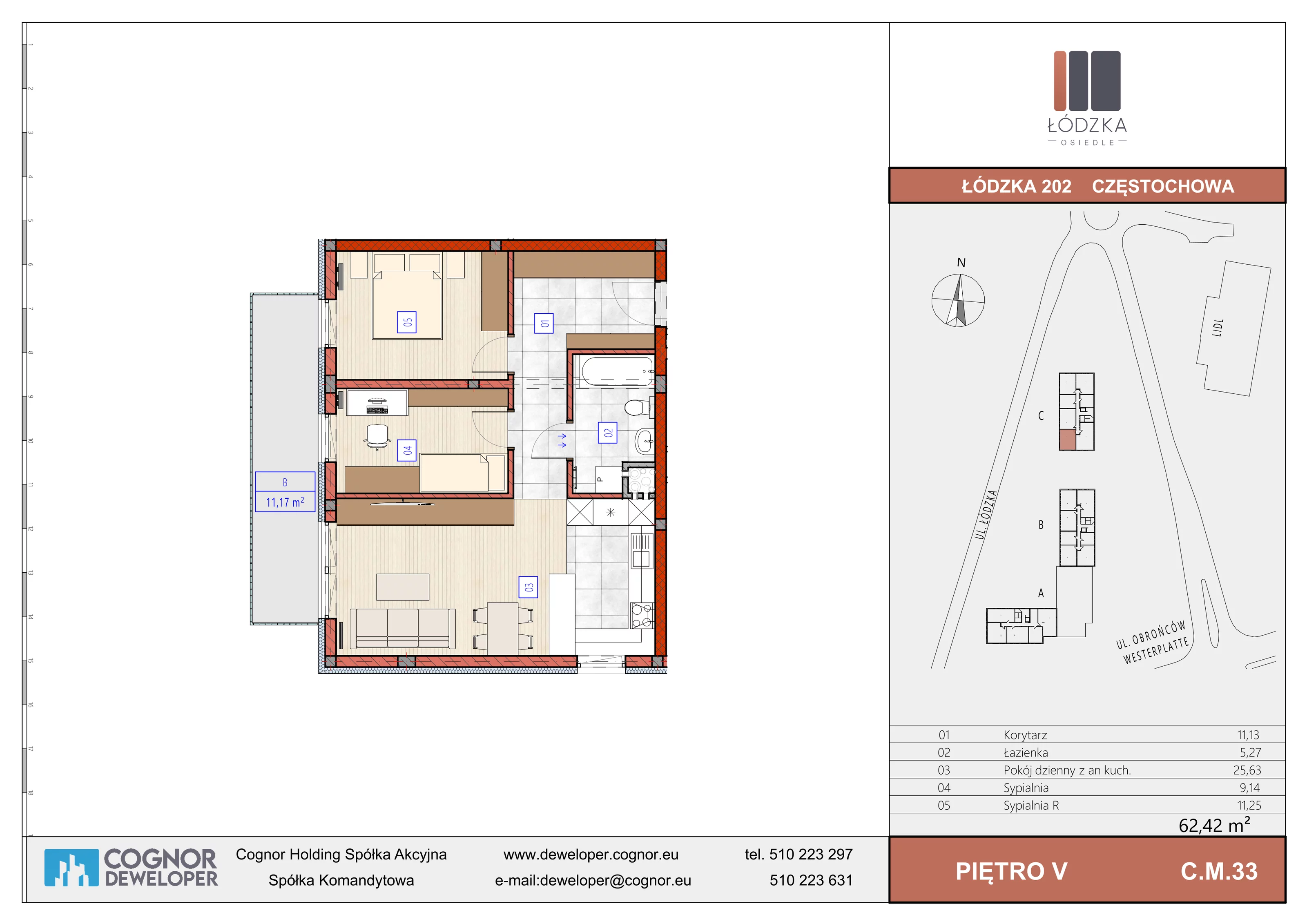 3 pokoje, mieszkanie 62,42 m², piętro 5, oferta nr C.M.33, Łódzka Osiedle, Częstochowa, Częstochówka-Parkitka, ul. Łódzka 198, 200, 202