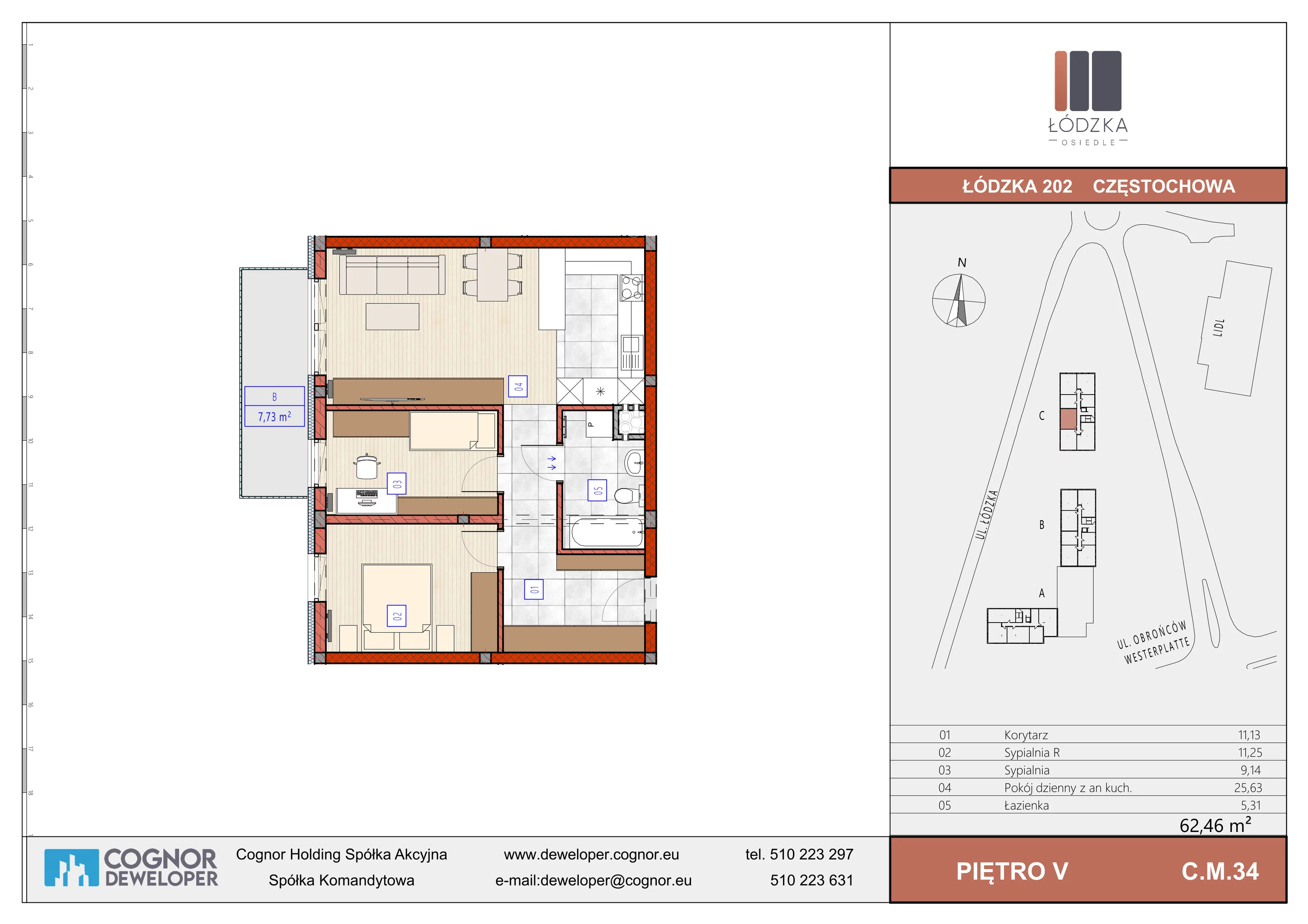 3 pokoje, mieszkanie 62,46 m², piętro 5, oferta nr C.M.34, Łódzka Osiedle, Częstochowa, Częstochówka-Parkitka, ul. Łódzka 198, 200, 202