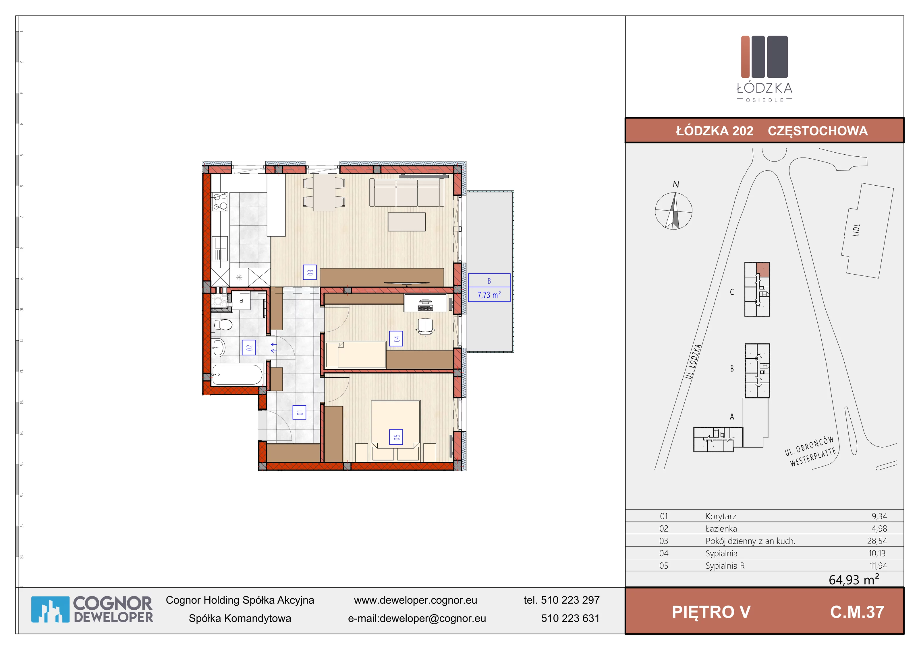 3 pokoje, mieszkanie 64,93 m², piętro 5, oferta nr C.M.37, Łódzka Osiedle, Częstochowa, Częstochówka-Parkitka, ul. Łódzka 198, 200, 202