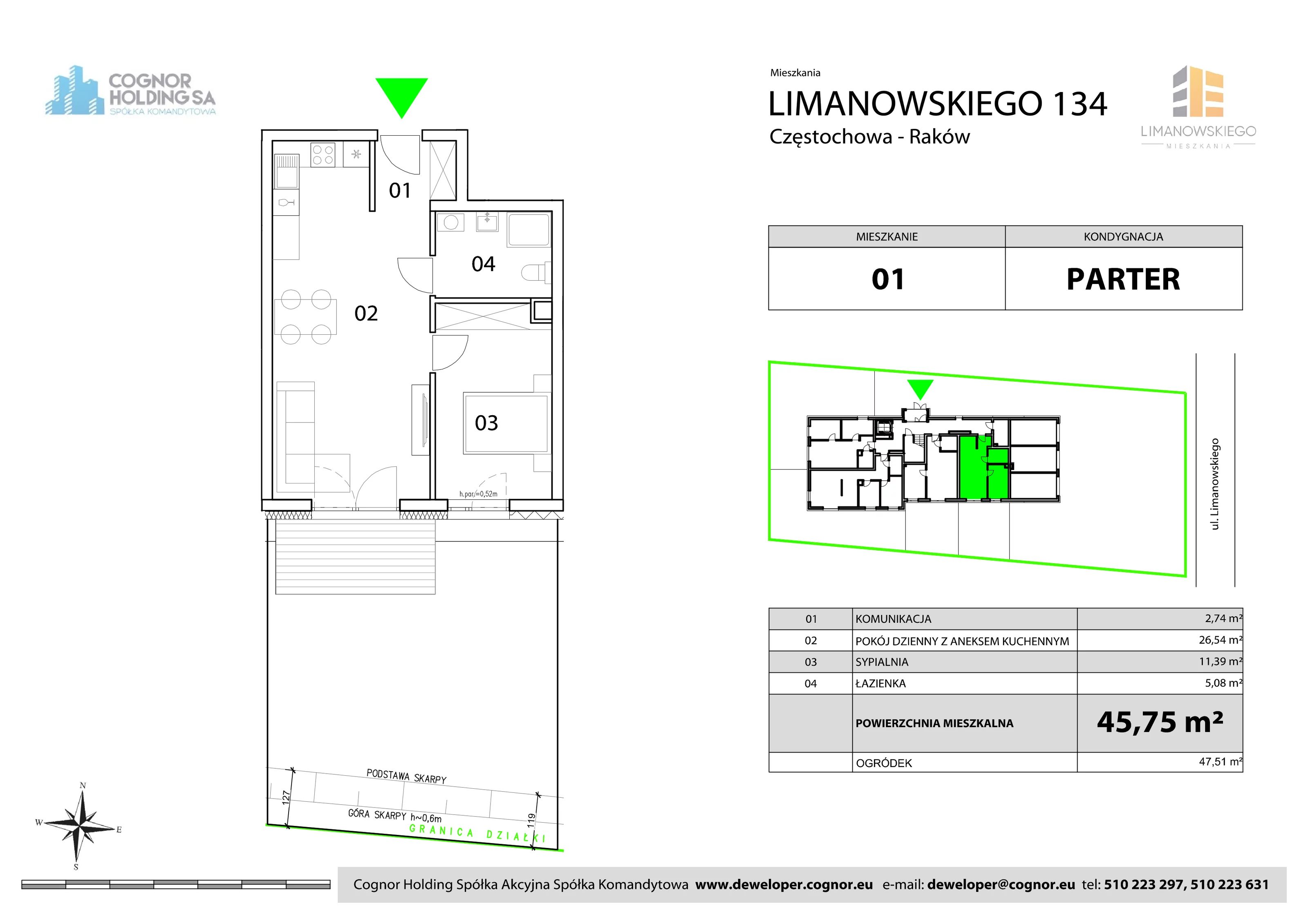 Mieszkanie 45,75 m², parter, oferta nr 1, Limanowskiego Mieszkania, Częstochowa, Raków, ul. Bolesława Limanowskiego 134