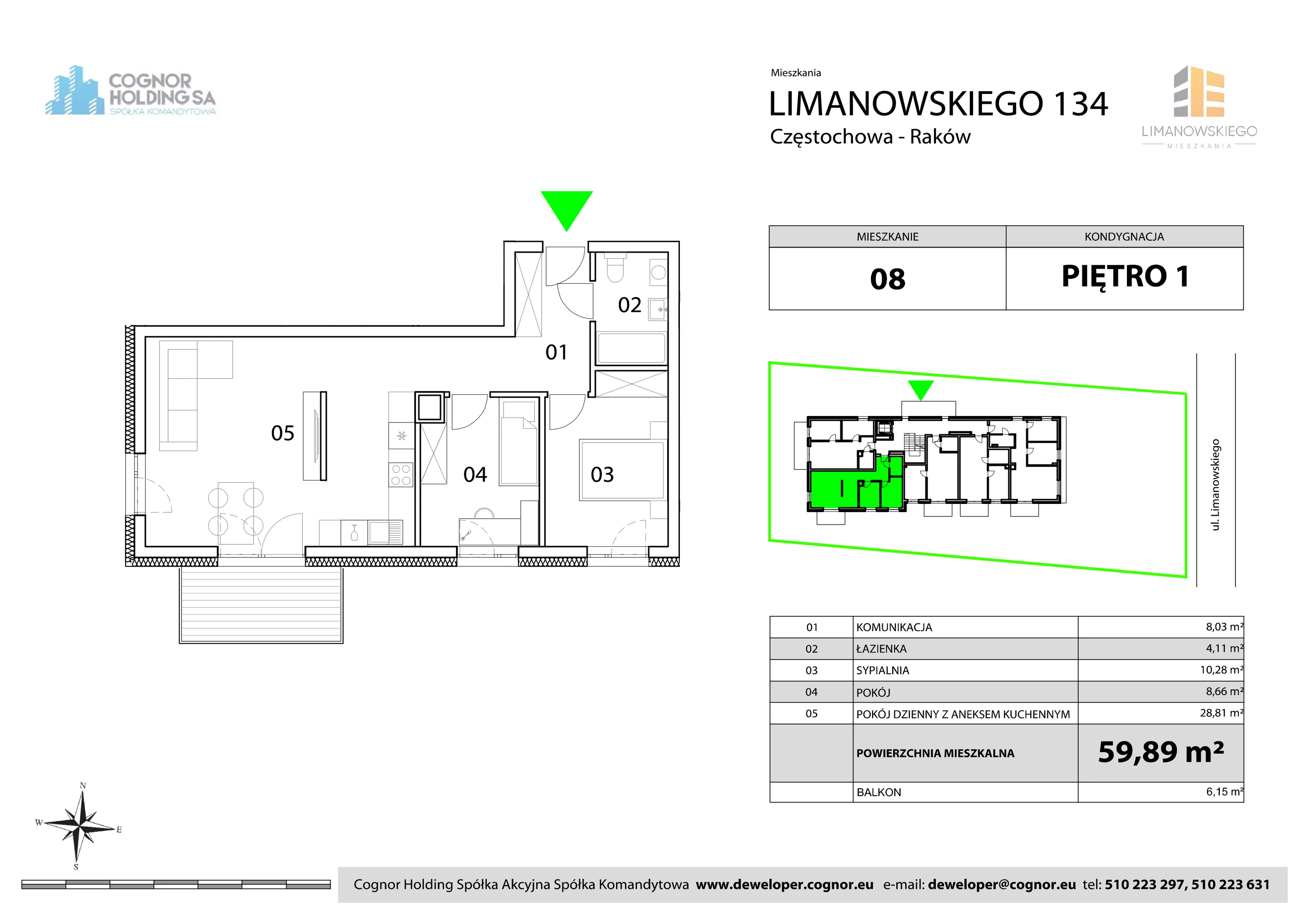 Mieszkanie 59,89 m², piętro 1, oferta nr 8, Limanowskiego Mieszkania, Częstochowa, Raków, ul. Bolesława Limanowskiego 134