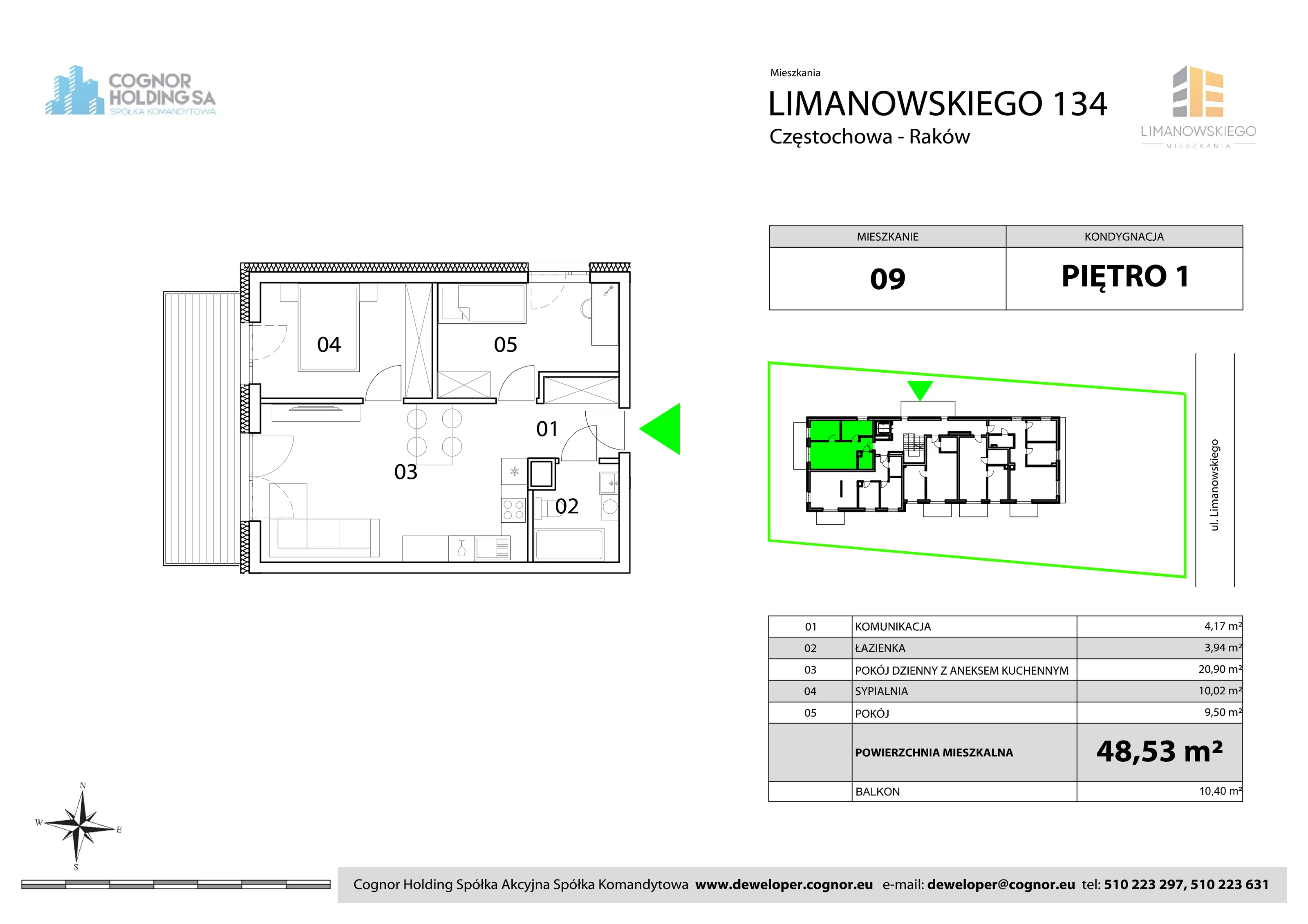 Mieszkanie 48,53 m², piętro 1, oferta nr 9, Limanowskiego Mieszkania, Częstochowa, Raków, ul. Bolesława Limanowskiego 134