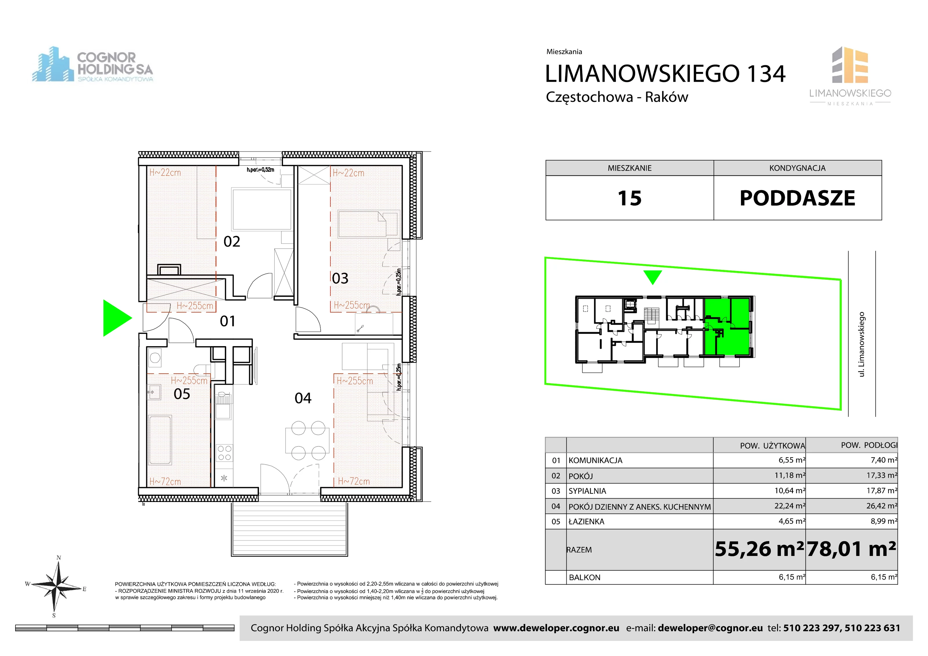 Mieszkanie 55,26 m², piętro 3, oferta nr  15, Limanowskiego Mieszkania, Częstochowa, Raków, ul. Bolesława Limanowskiego 134