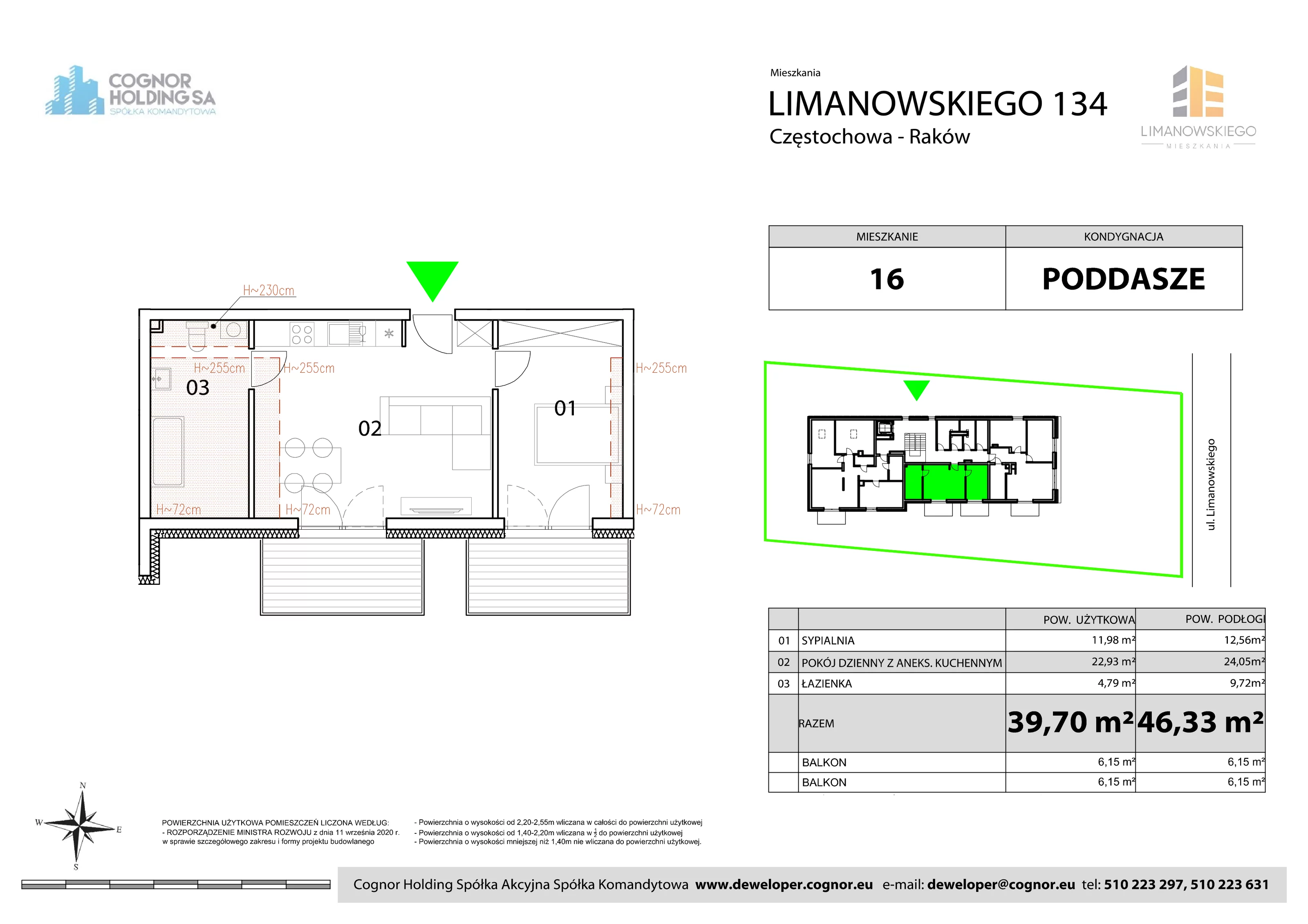 Mieszkanie 39,70 m², piętro 3, oferta nr  16, Limanowskiego Mieszkania, Częstochowa, Raków, ul. Bolesława Limanowskiego 134