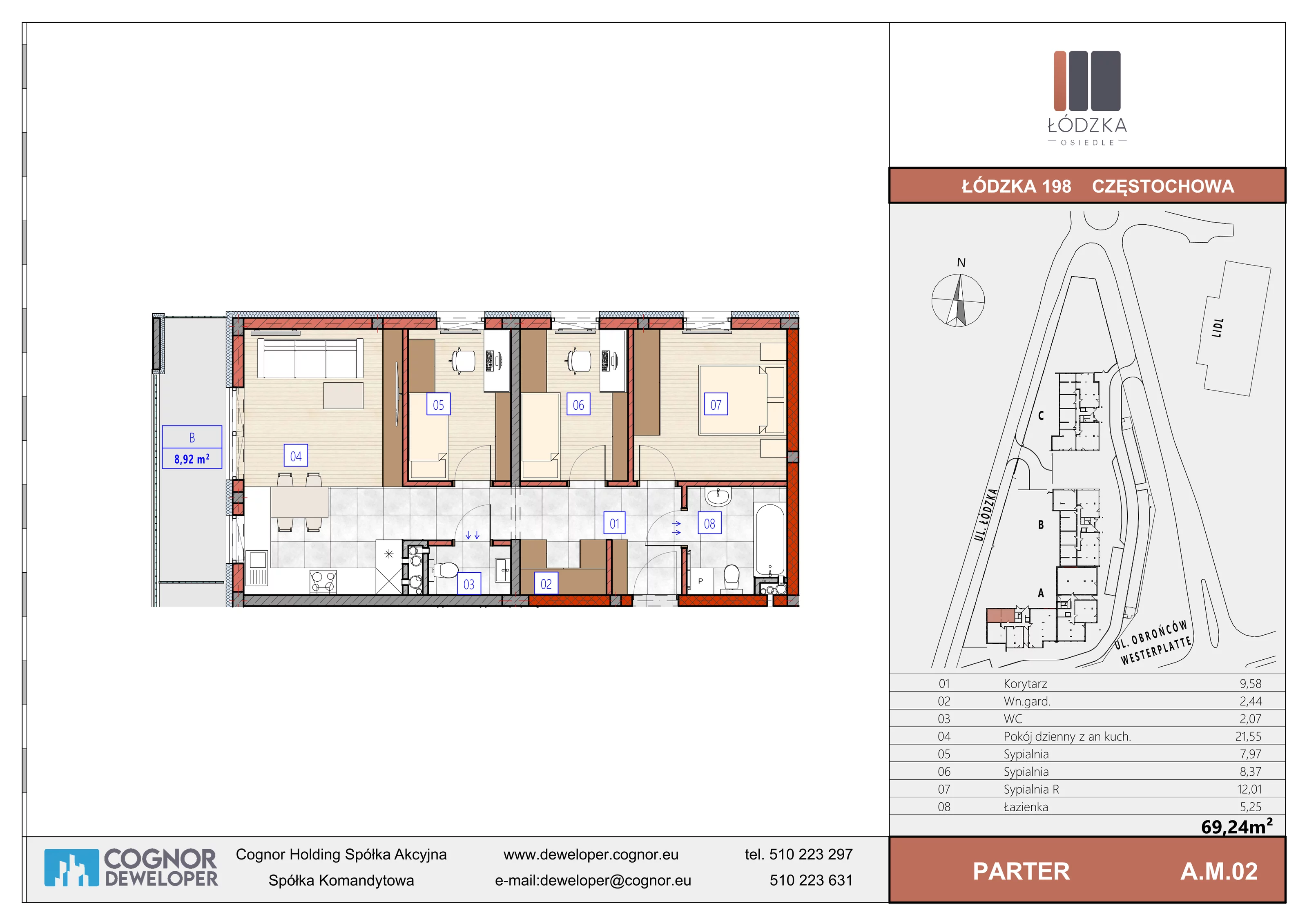 4 pokoje, mieszkanie 69,24 m², parter, oferta nr A.M.02, Łódzka Osiedle, Częstochowa, Częstochówka-Parkitka, ul. Łódzka 198, 200, 202