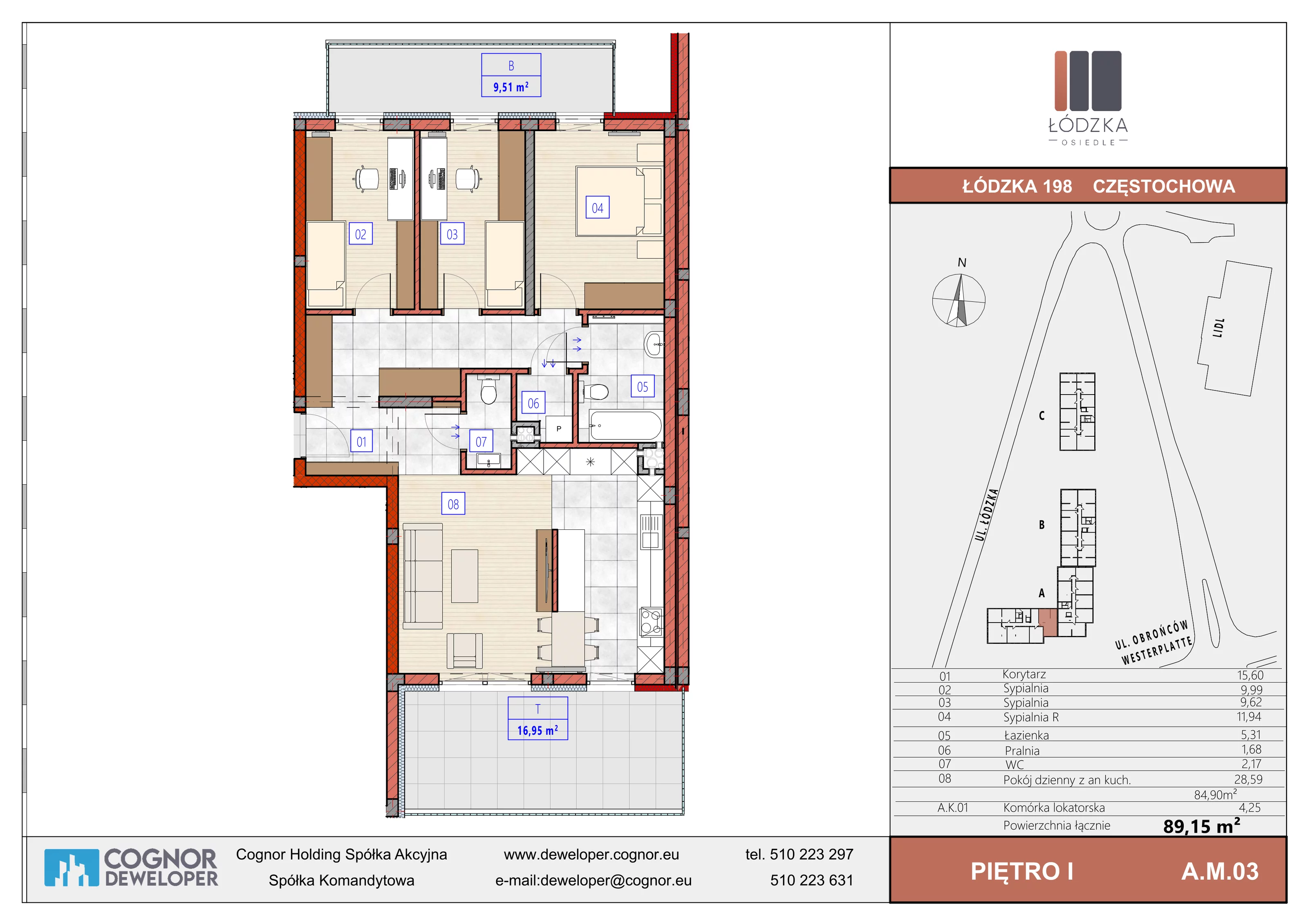 4 pokoje, mieszkanie 84,90 m², piętro 1, oferta nr A.M.03, Łódzka Osiedle, Częstochowa, Częstochówka-Parkitka, ul. Łódzka 198, 200, 202