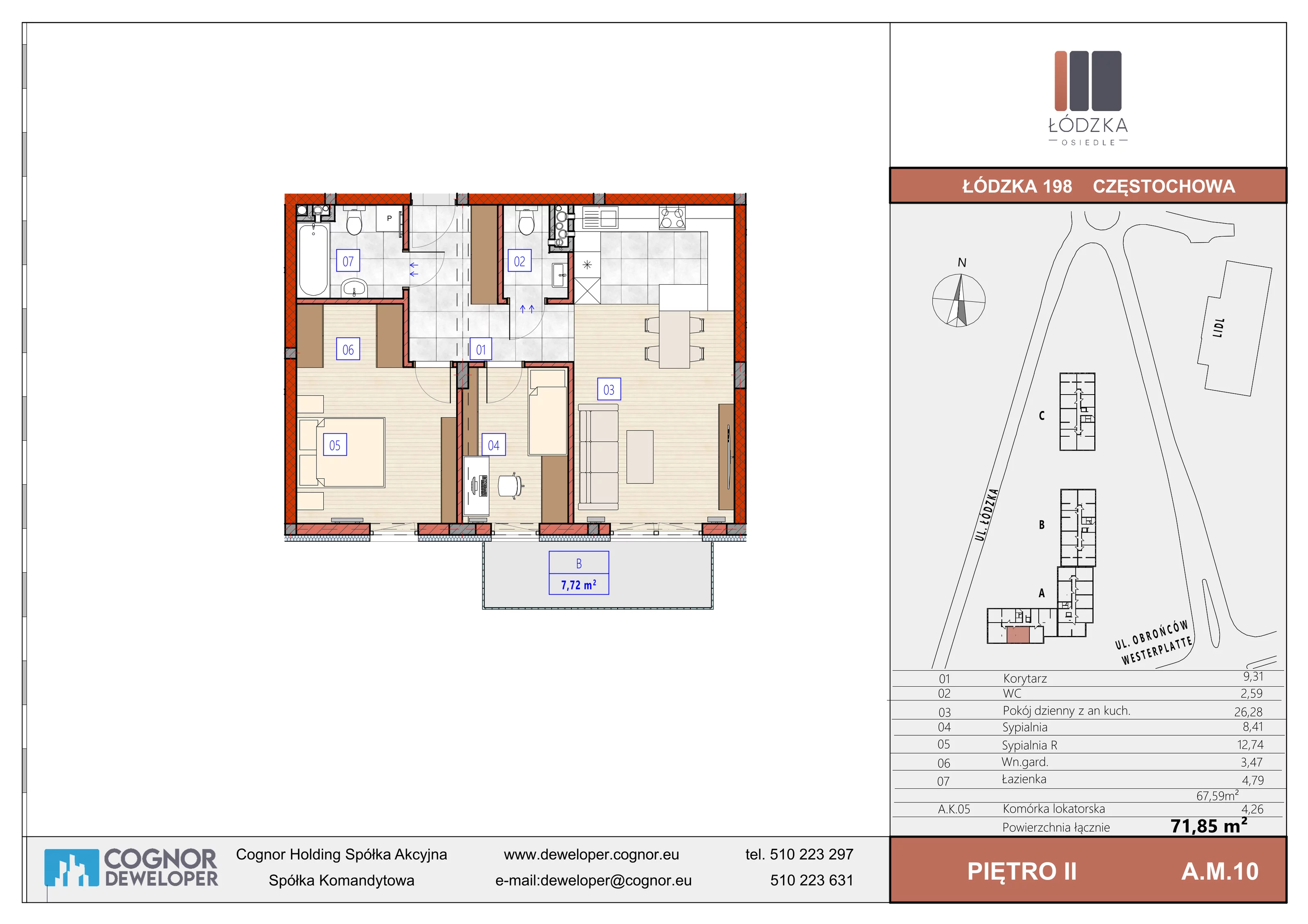 3 pokoje, mieszkanie 67,59 m², piętro 2, oferta nr A.M.10, Łódzka Osiedle, Częstochowa, Częstochówka-Parkitka, ul. Łódzka 198, 200, 202
