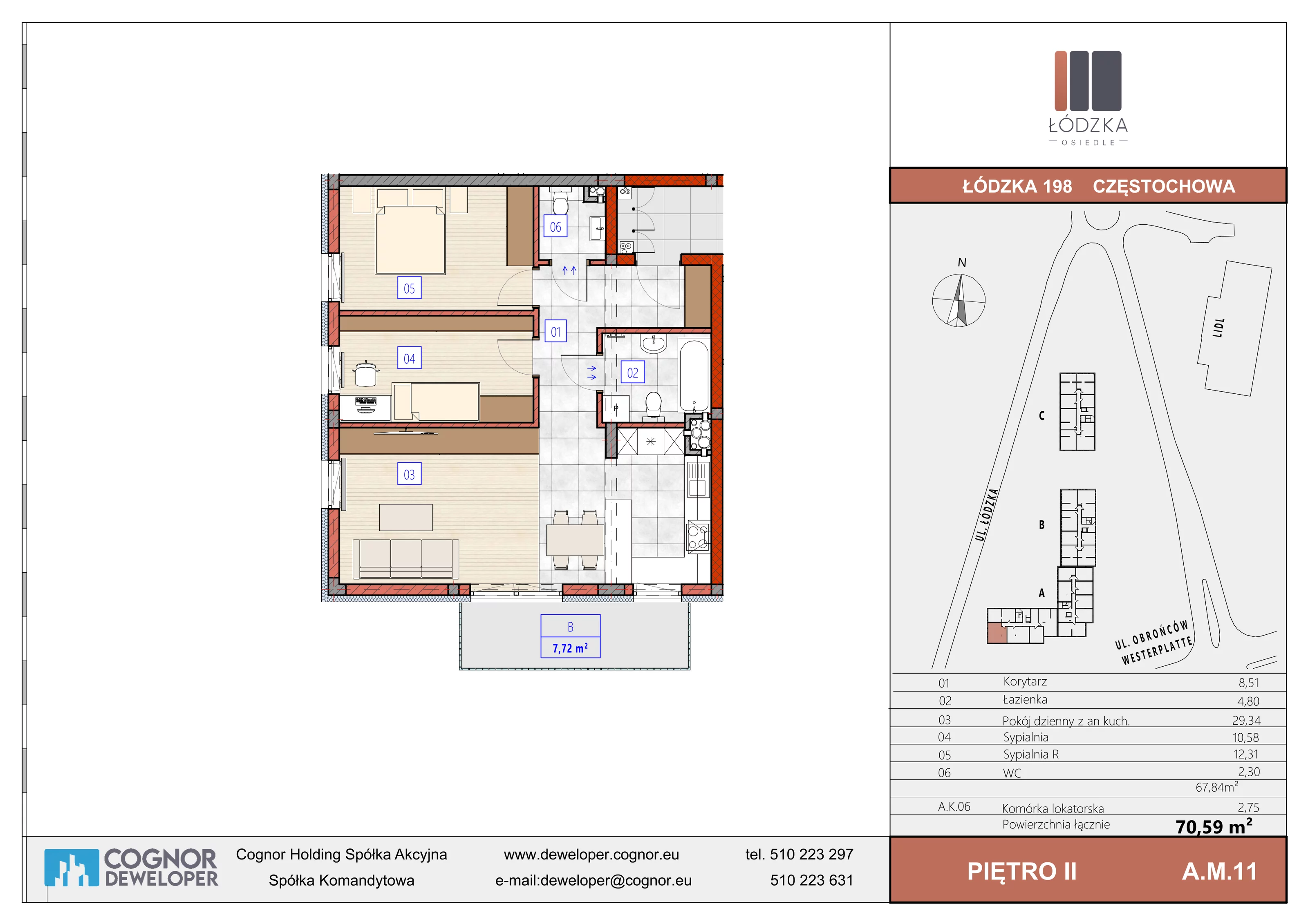 3 pokoje, mieszkanie 67,84 m², piętro 2, oferta nr A.M.11, Łódzka Osiedle, Częstochowa, Częstochówka-Parkitka, ul. Łódzka 198, 200, 202