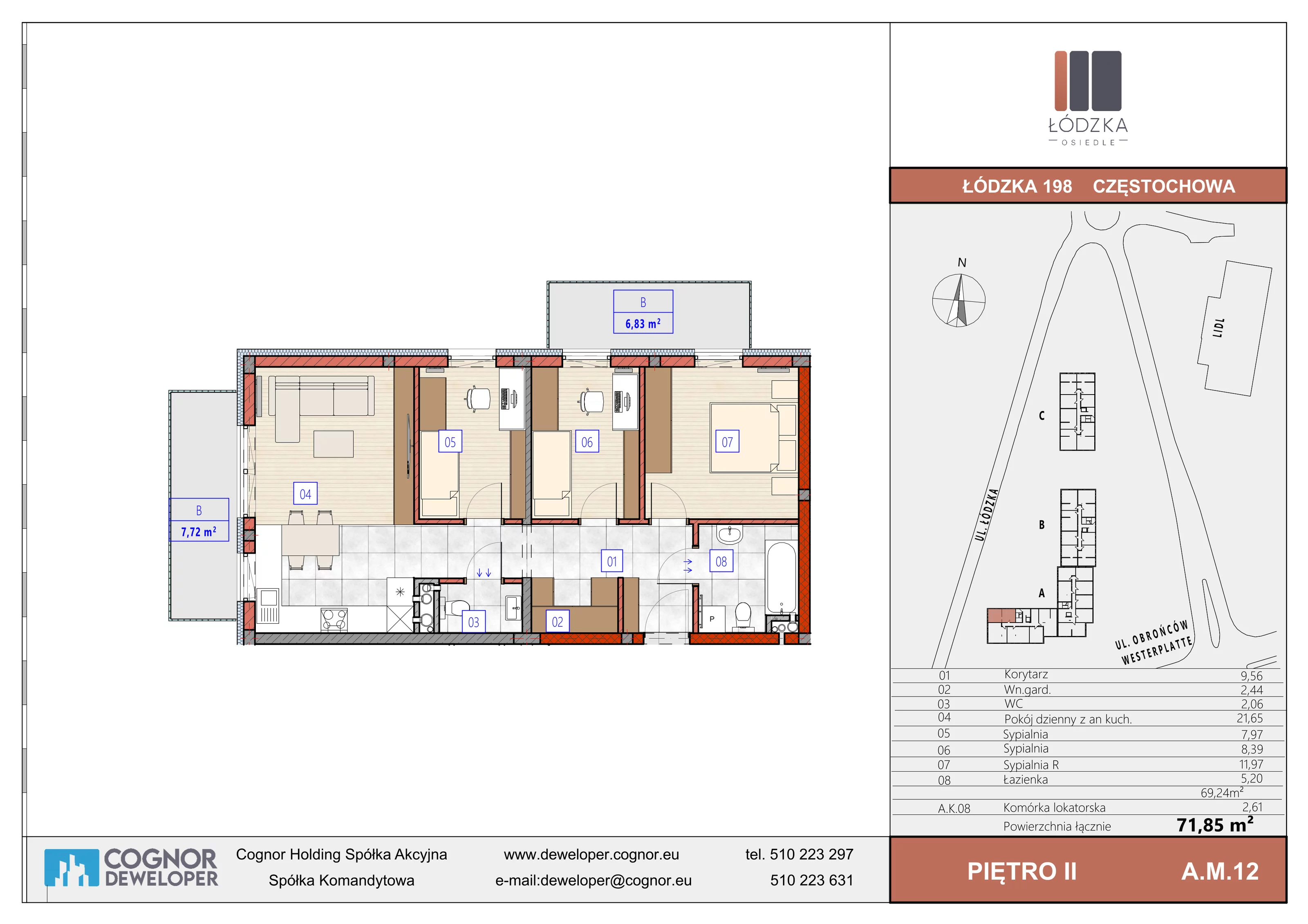 4 pokoje, mieszkanie 69,24 m², piętro 2, oferta nr A.M.12, Łódzka Osiedle, Częstochowa, Częstochówka-Parkitka, ul. Łódzka 198, 200, 202