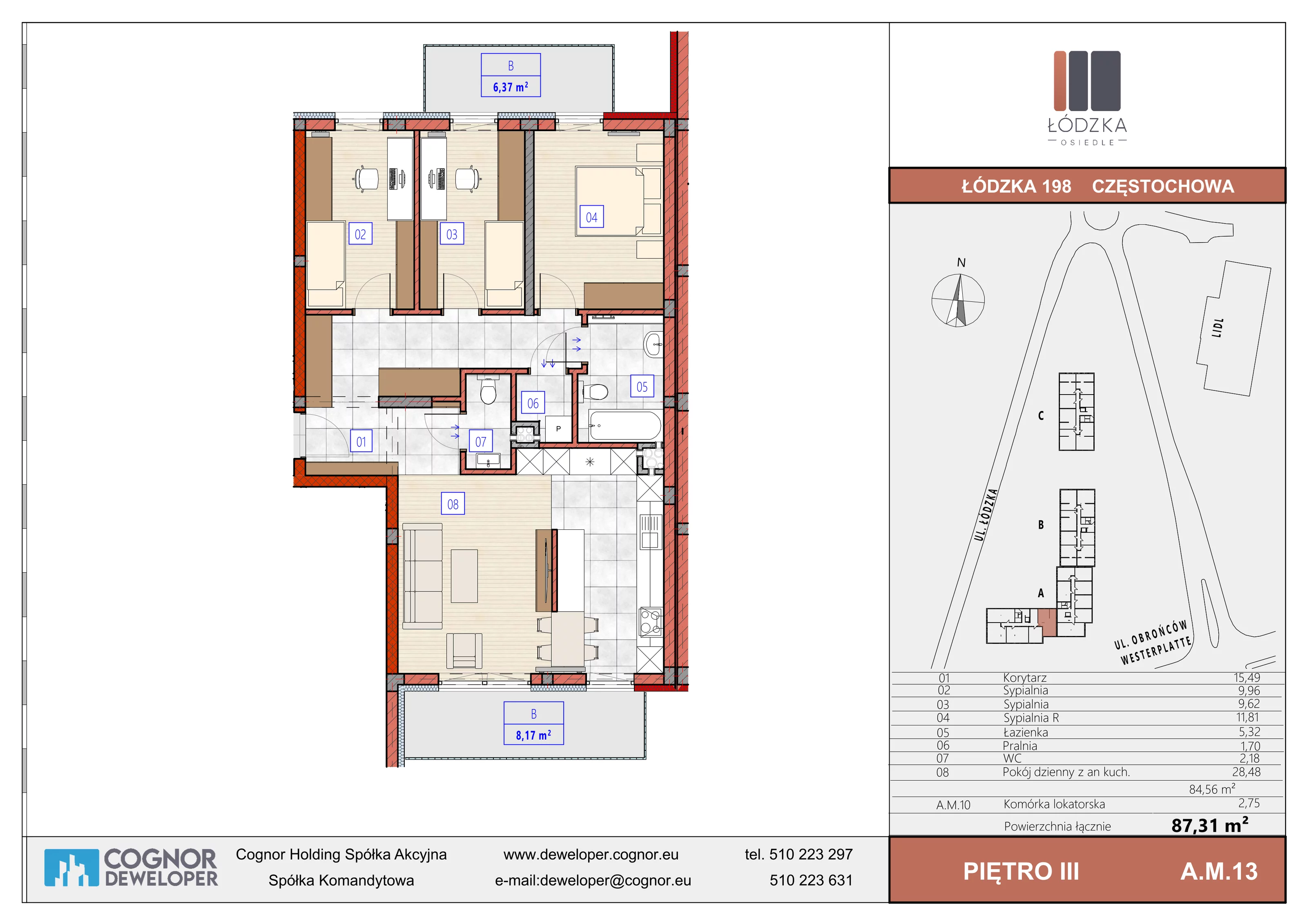4 pokoje, mieszkanie 84,56 m², piętro 3, oferta nr A.M.13, Łódzka Osiedle, Częstochowa, Częstochówka-Parkitka, ul. Łódzka 198, 200, 202