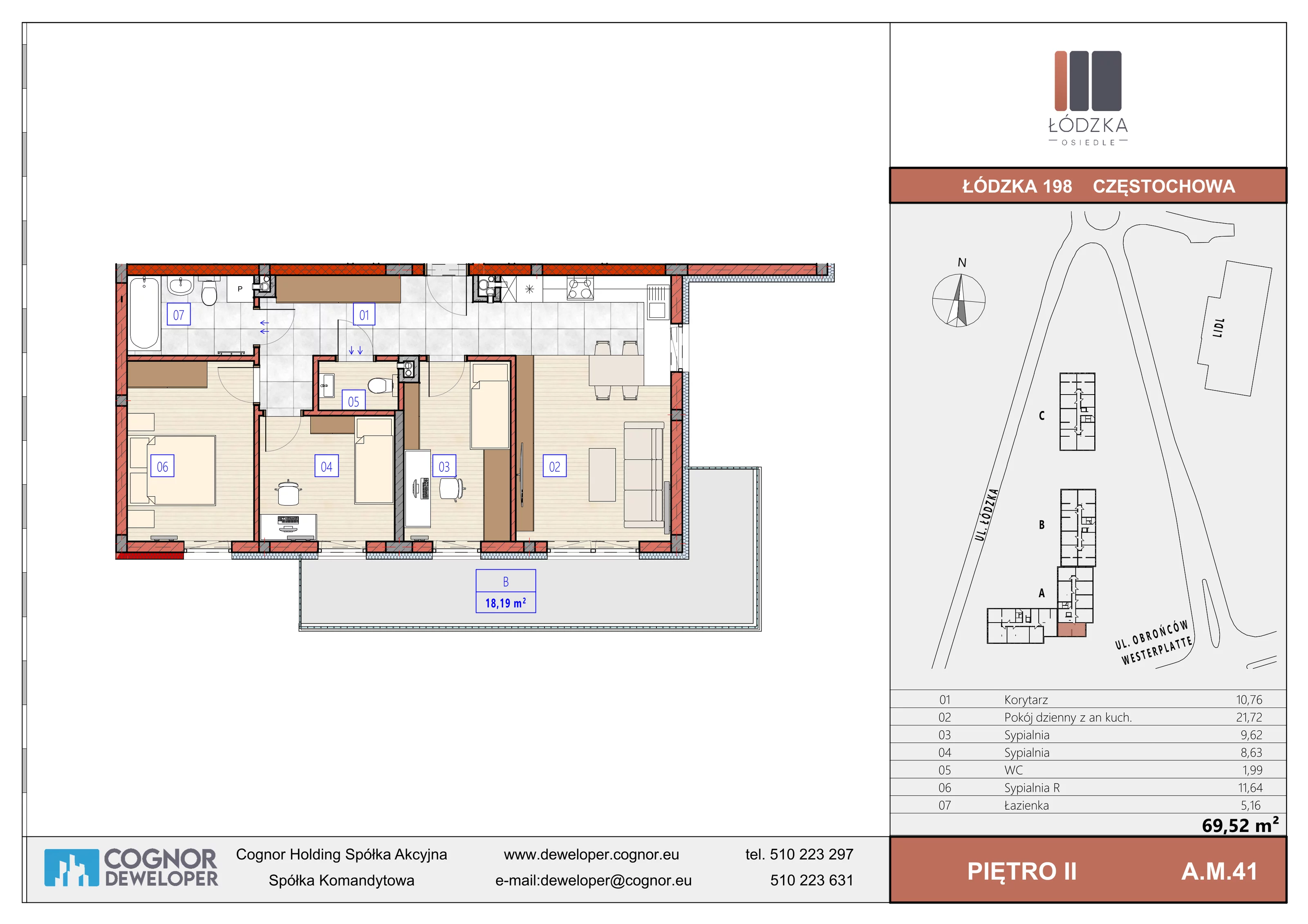 4 pokoje, mieszkanie 69,52 m², piętro 2, oferta nr A.M.41, Łódzka Osiedle, Częstochowa, Częstochówka-Parkitka, ul. Łódzka 198, 200, 202