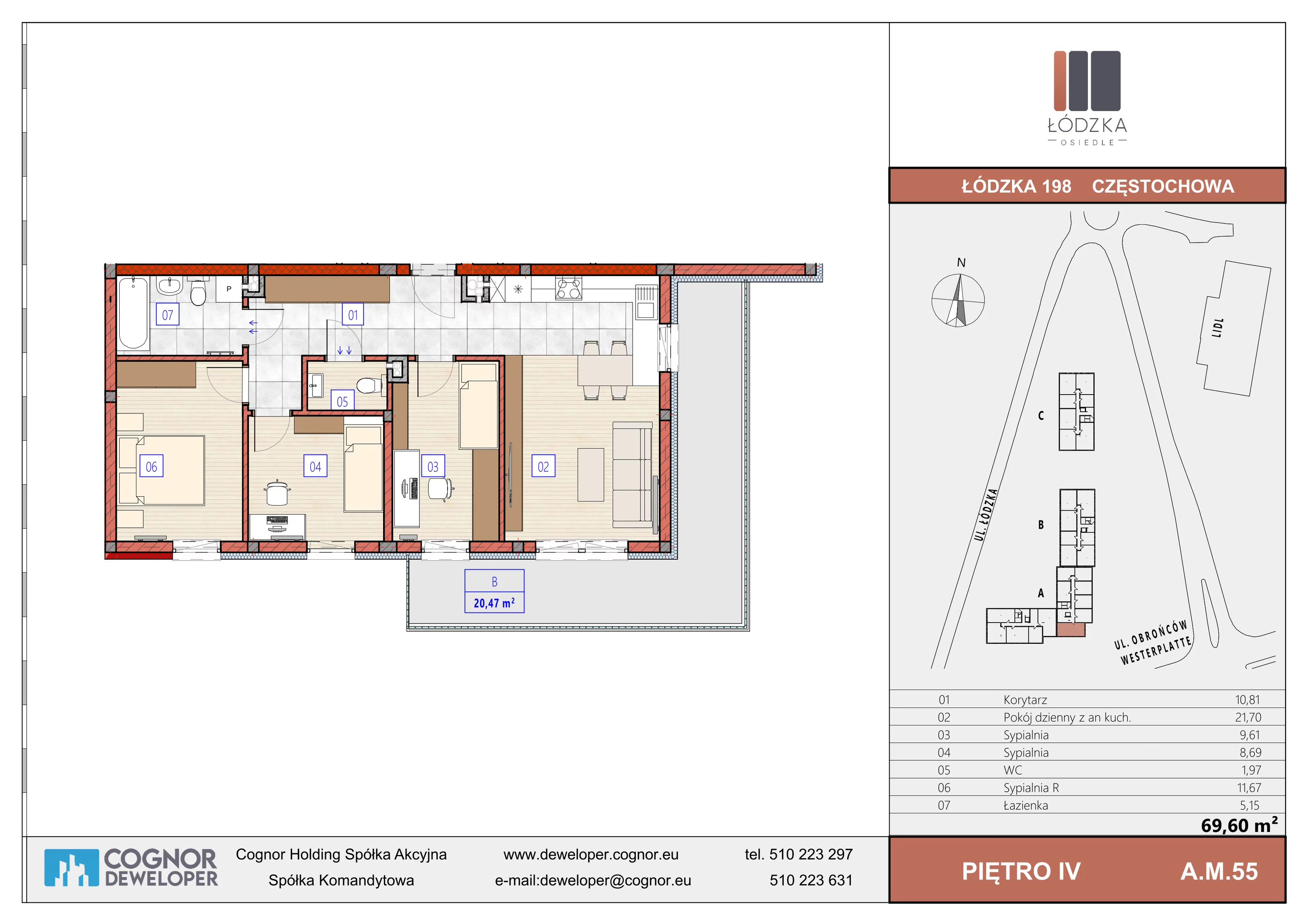 4 pokoje, mieszkanie 69,60 m², piętro 4, oferta nr A.M.55, Łódzka Osiedle, Częstochowa, Częstochówka-Parkitka, ul. Łódzka 198, 200, 202