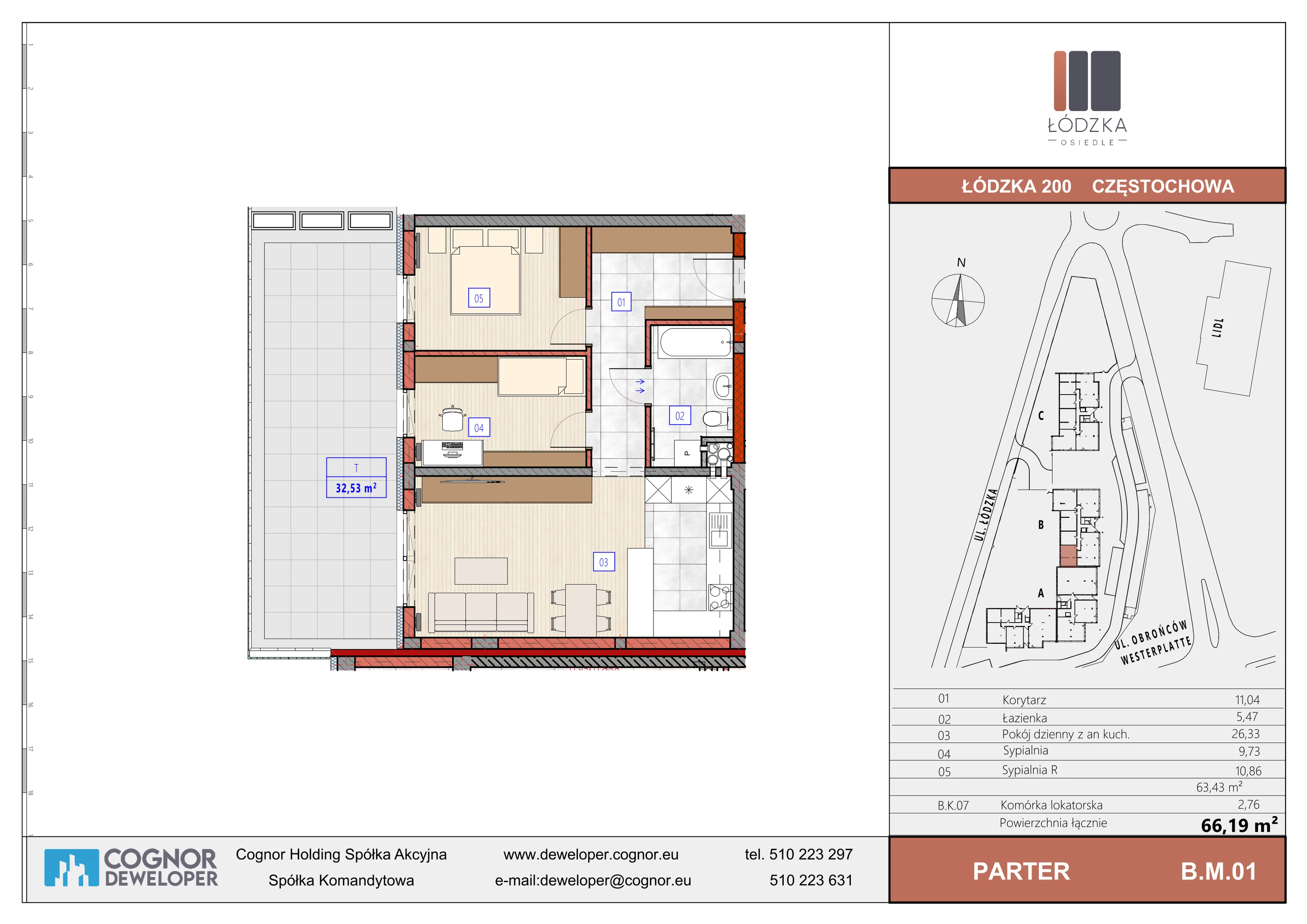 3 pokoje, mieszkanie 63,43 m², parter, oferta nr B.M.01, Łódzka Osiedle, Częstochowa, Częstochówka-Parkitka, ul. Łódzka 198, 200, 202