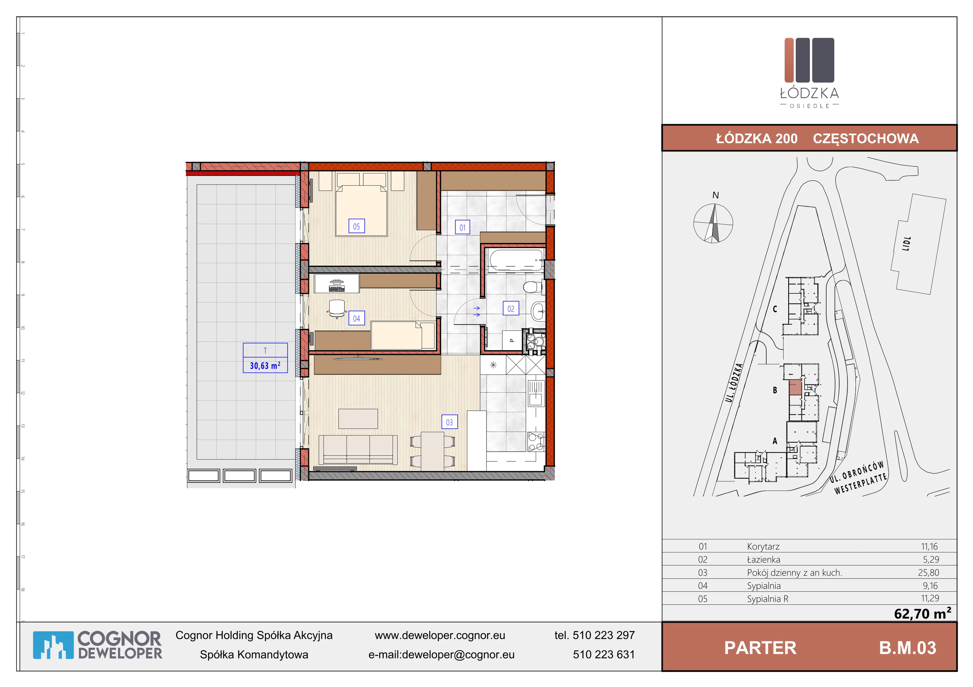 3 pokoje, mieszkanie 62,70 m², parter, oferta nr B.M.03, Łódzka Osiedle, Częstochowa, Częstochówka-Parkitka, ul. Łódzka 198, 200, 202