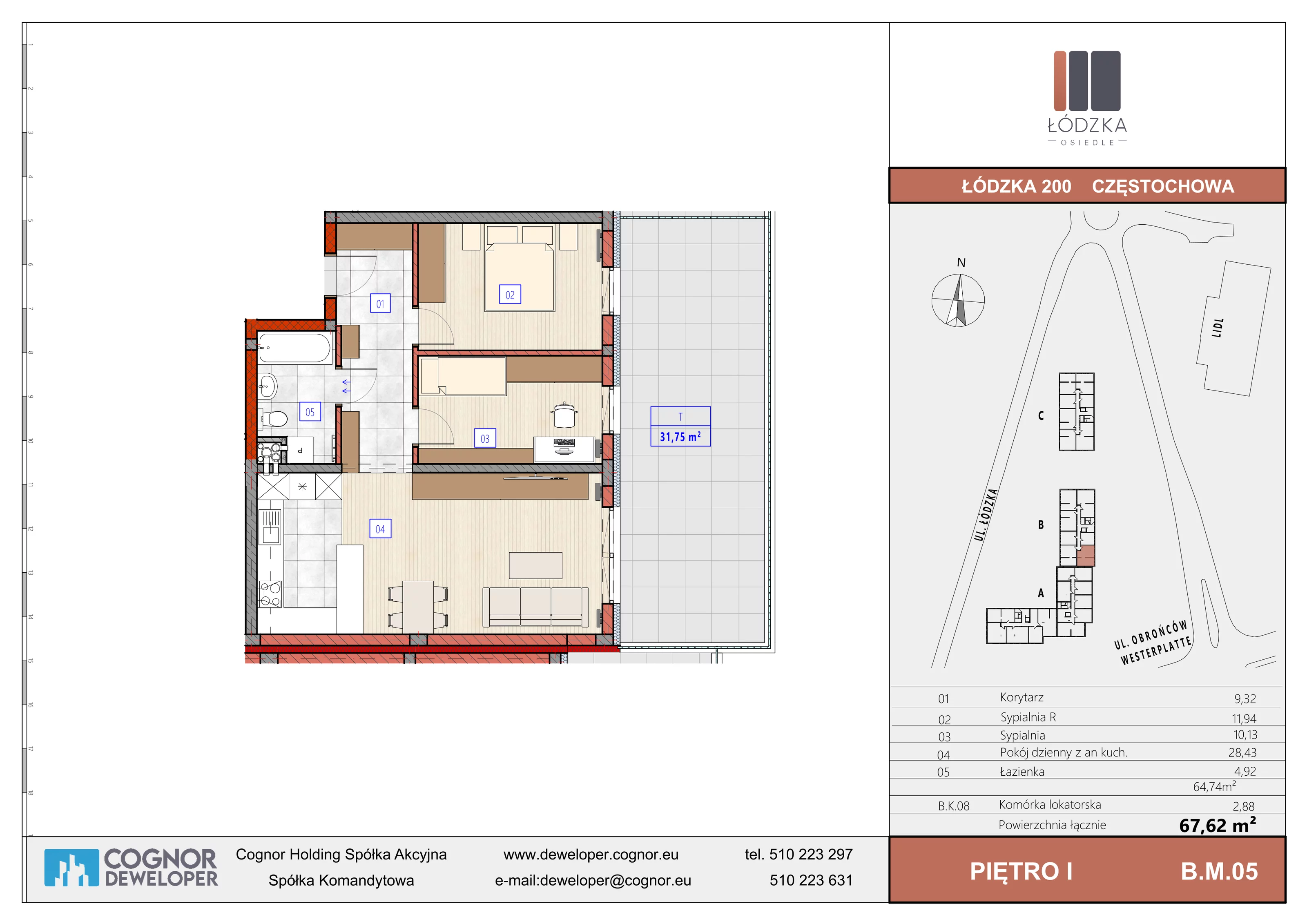 3 pokoje, mieszkanie 64,74 m², piętro 1, oferta nr B.M.05, Łódzka Osiedle, Częstochowa, Częstochówka-Parkitka, ul. Łódzka 198, 200, 202