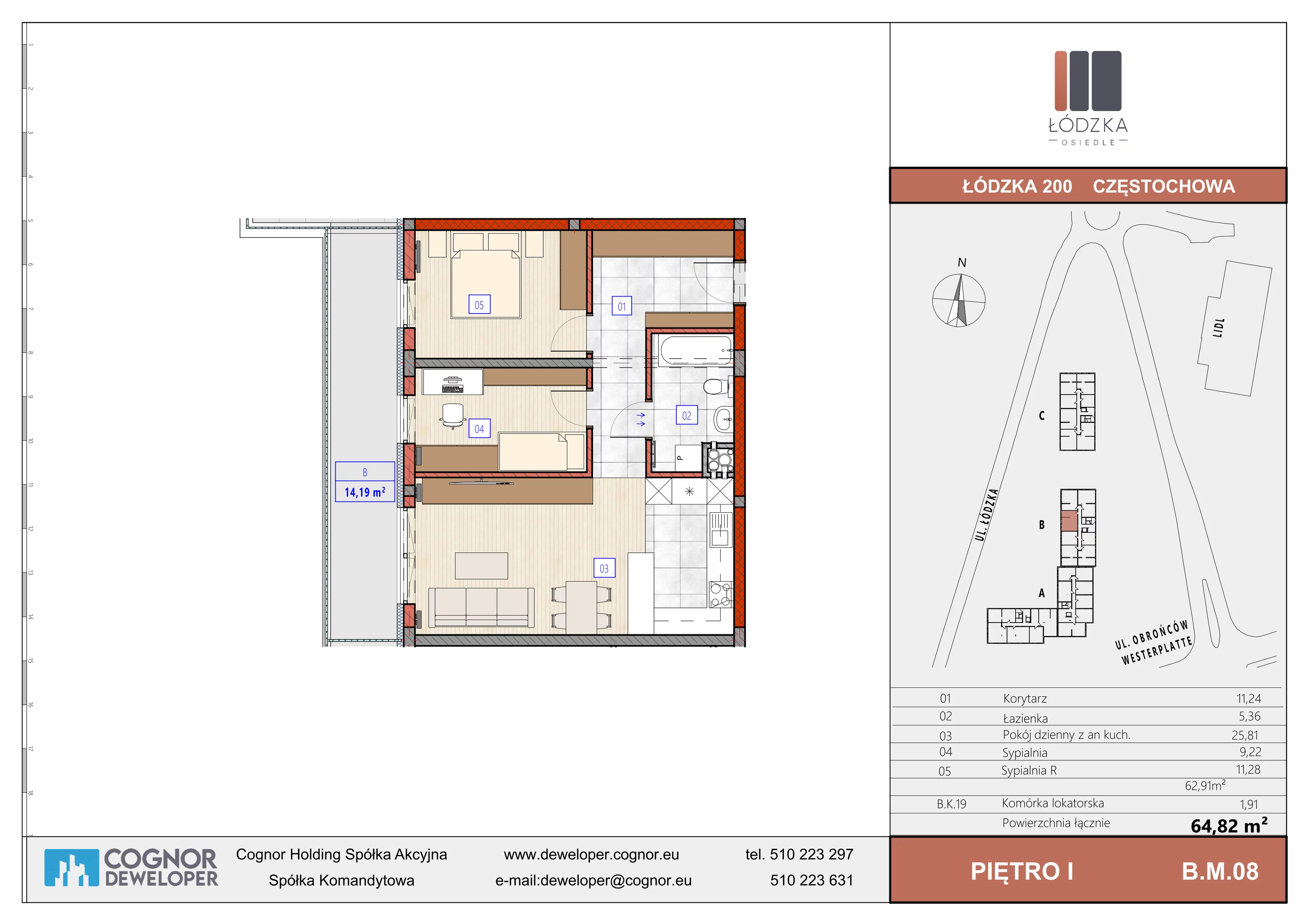 3 pokoje, mieszkanie 62,91 m², piętro 1, oferta nr B.M.08, Łódzka Osiedle, Częstochowa, Częstochówka-Parkitka, ul. Łódzka 198, 200, 202